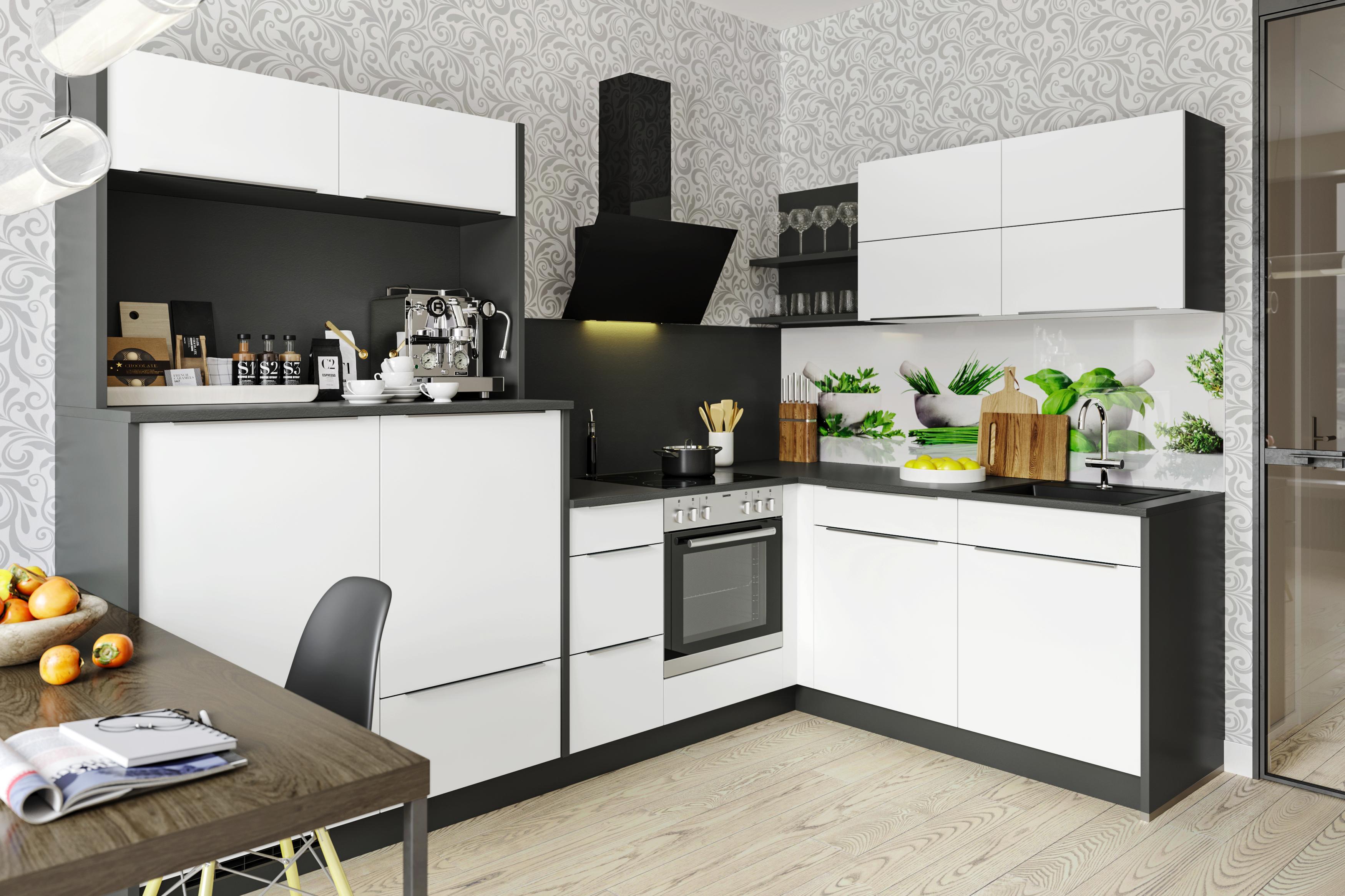 Eckküche in Anthrazit und Weiß ohne E-Geräte