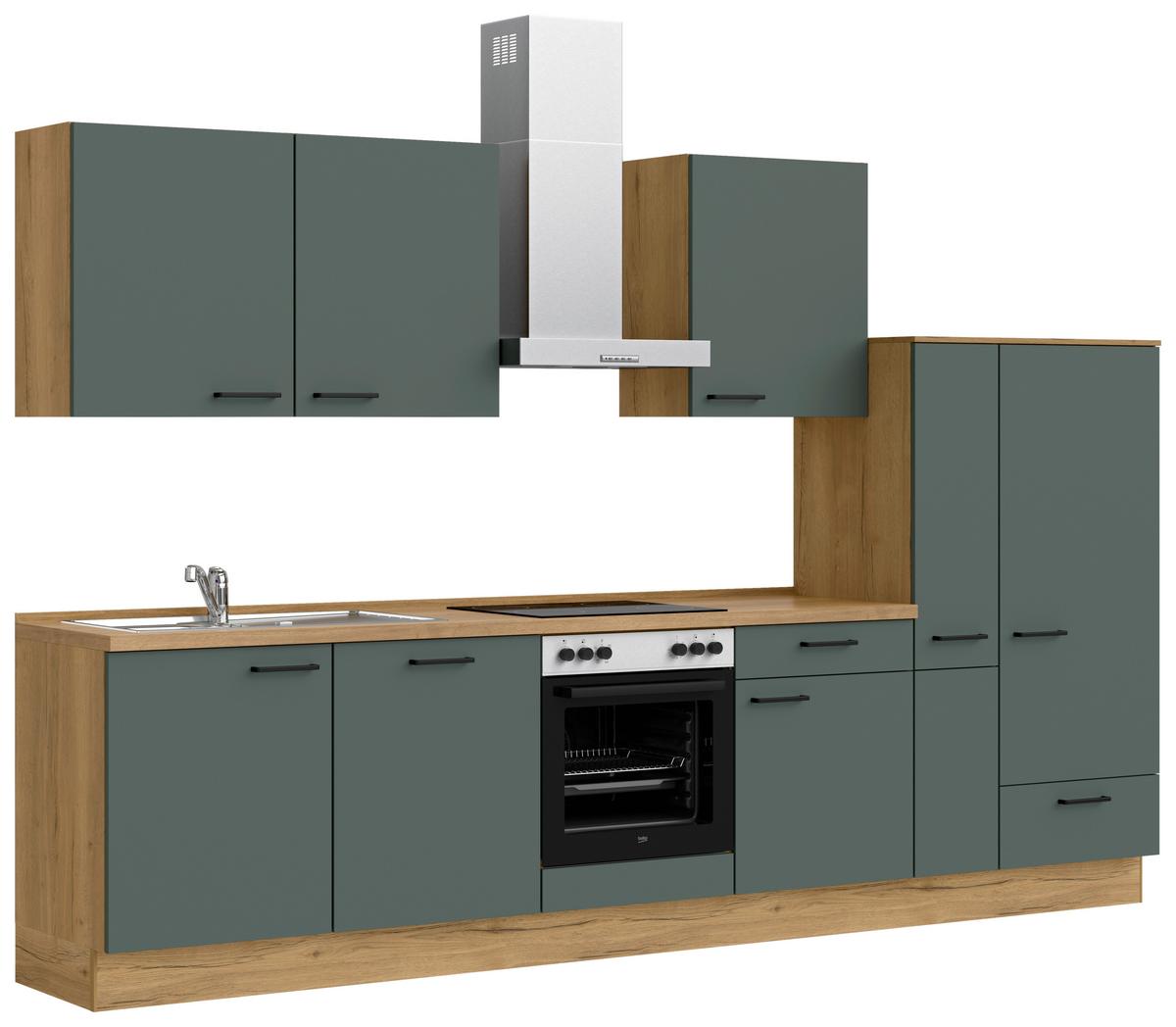 Kuchyňská linka 330 cm, minerální zelená,ultra matná - barvy dubu/černá, Moderní, kov/kompozitní dřevo (330cm) - Nobilia