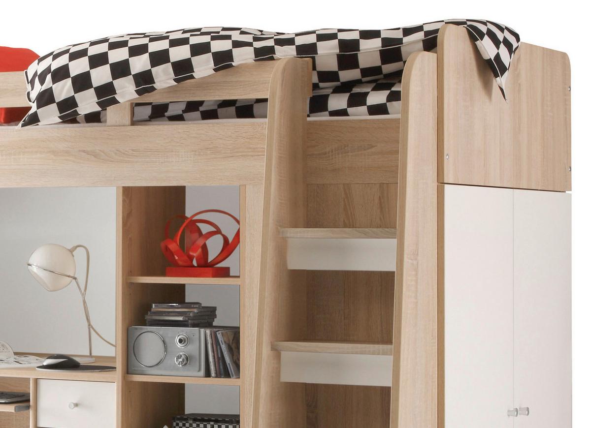Hochbett Unit inkl. Stauraum U. Tisch, Lf: 90x200 cm - Eichefarben/Weiß, MODERN, Holzwerkstoff (90/200cm) - MID.YOU