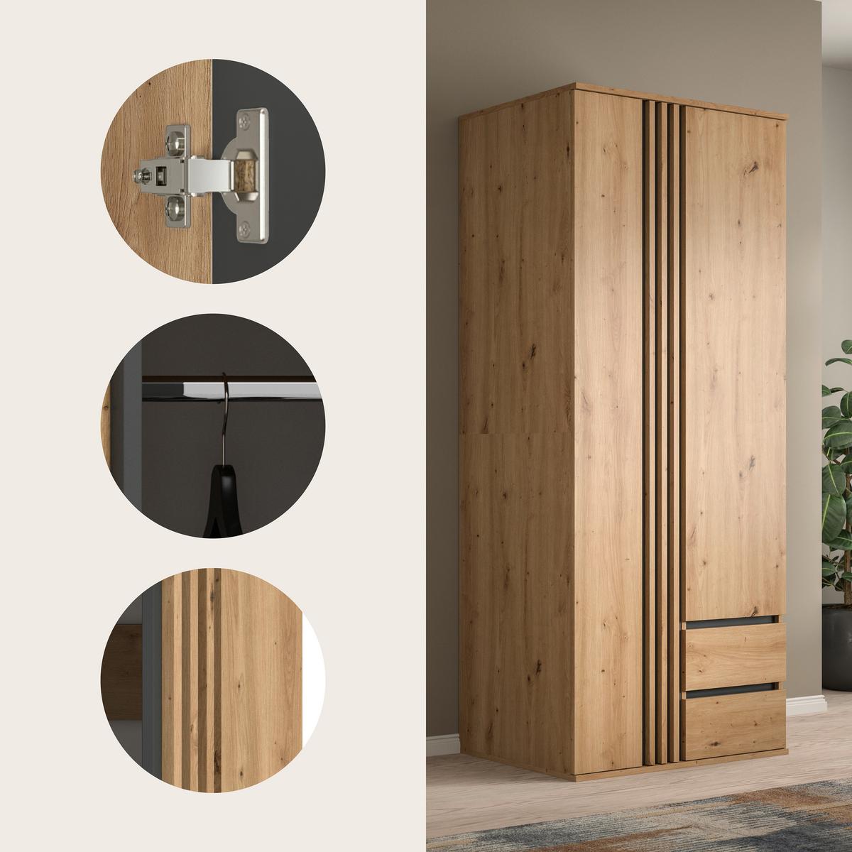 Drehtürenschrank Tofta Eiche Dekor/Anthrazit B: 80cm - Anthrazit/Eiche Artisan, ROMANTIK / LANDHAUS, Holzwerkstoff (80/192/56cm) - Livetastic