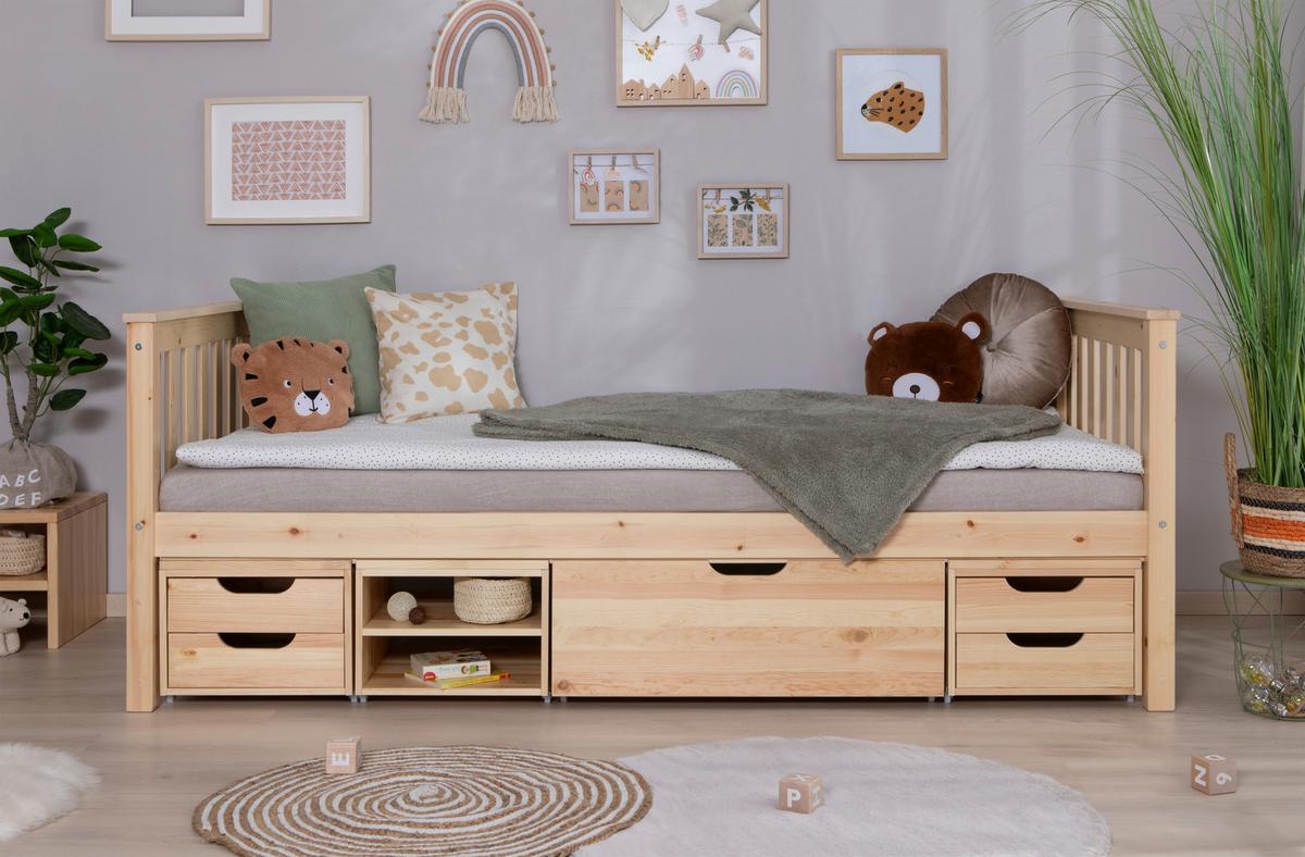 Etagenbett Sammy Kiefer Massiv 90 cm mit Bettkasten + Leiter - Naturfarben, MODERN, Holz (90/200cm) - MID.YOU