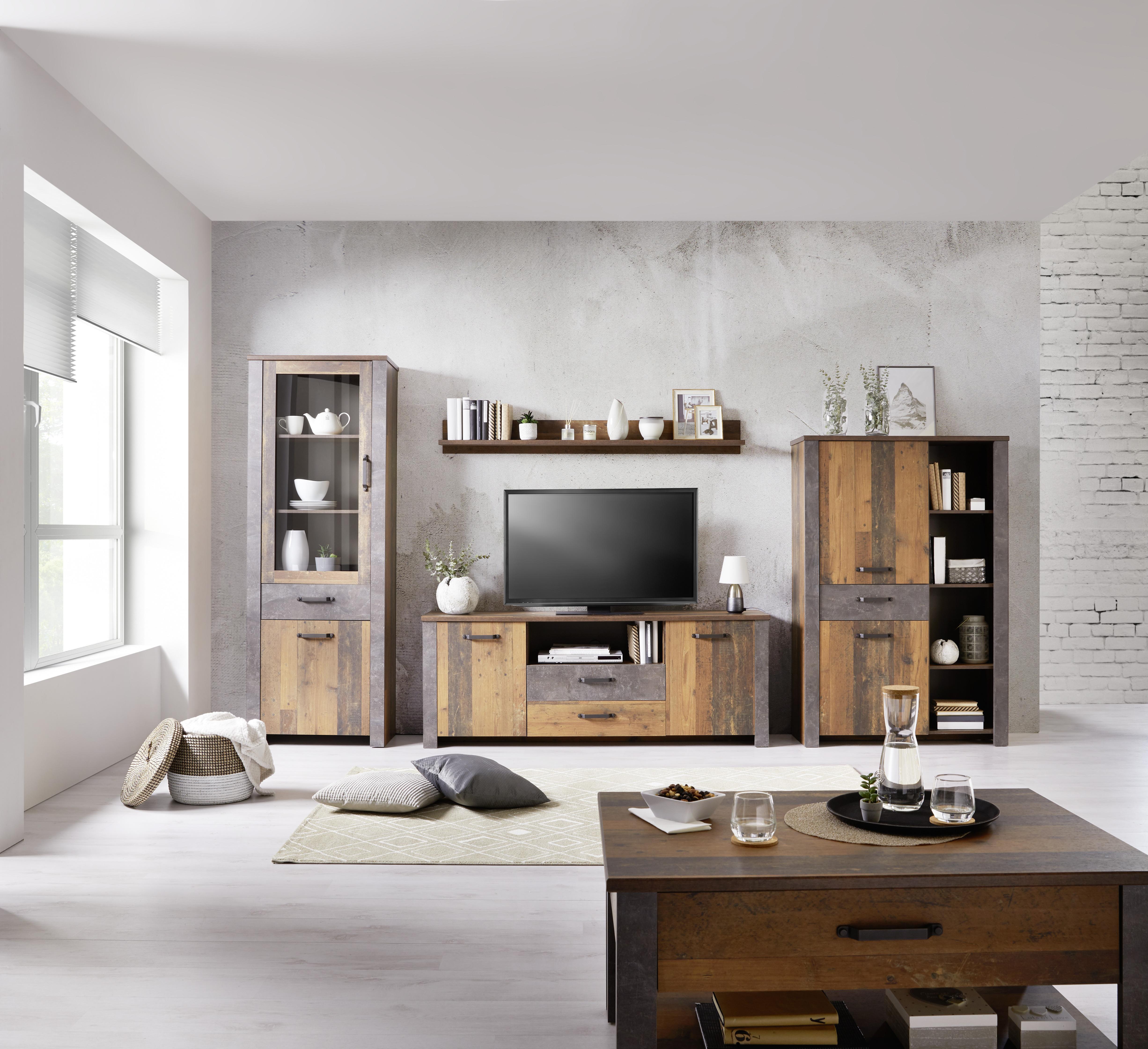 Wohnkombination 4 Tlg. Ontario, Old Style/betonoptik - Eichefarben/Dunkelgrau, Trend, Glas/Holzwerkstoff (352,4/200/41,5cm) - Ondega