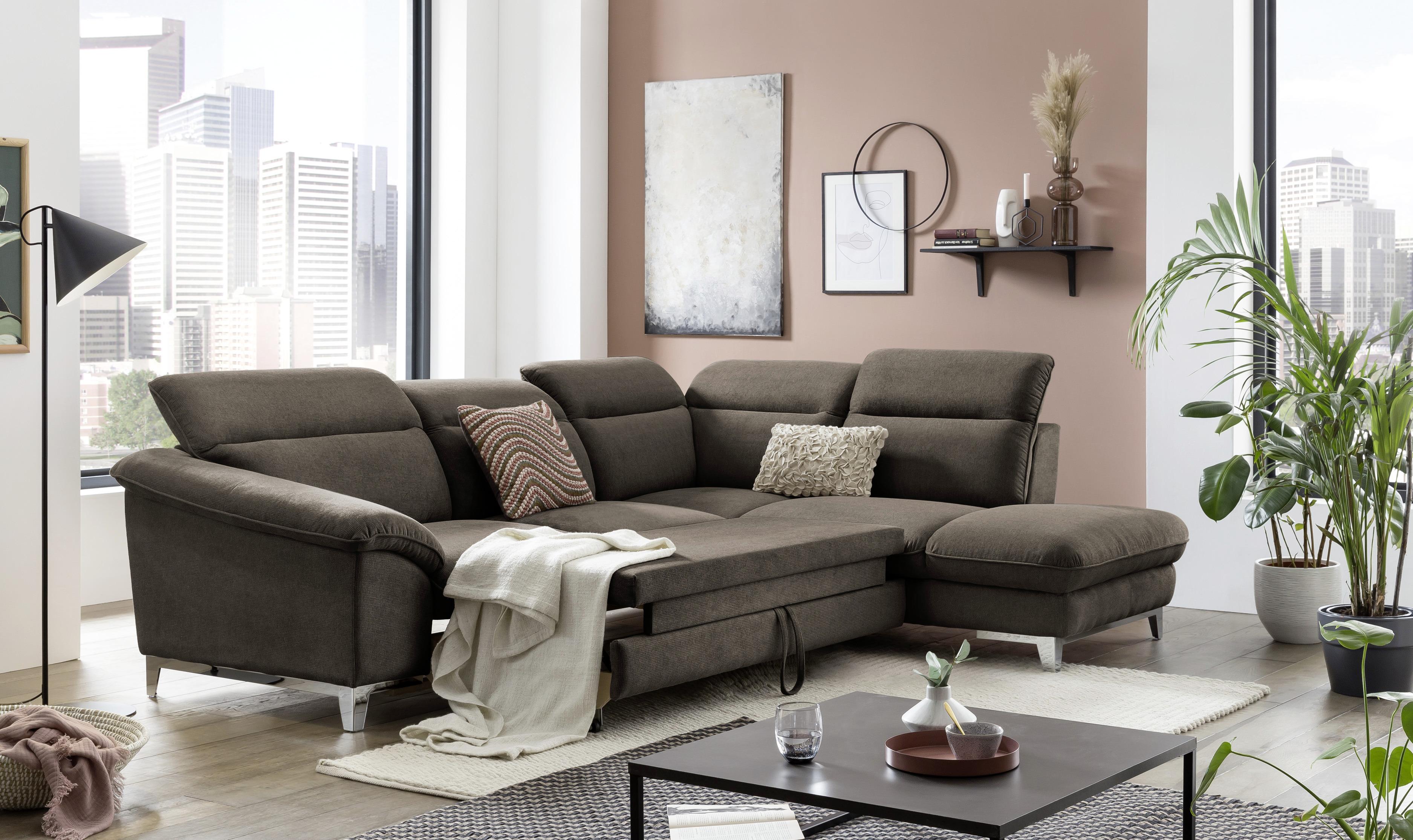 Ecksofa Mit Schlaffunktion Teresa Dunkelbraun - Chromfarben/Dunkelbraun, Design, Textil (232/293cm) - Livetastic