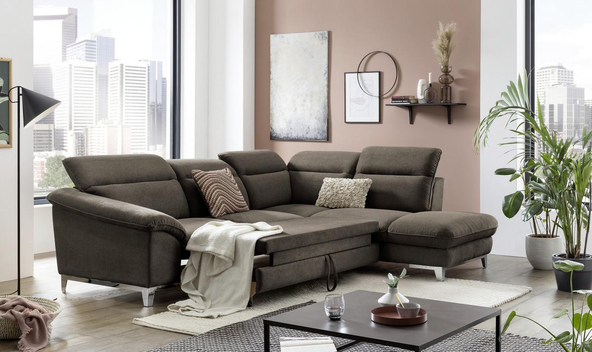 Ecksofa Mit Schlaffunktion Teresa Dunkelbraun - Chromfarben/Dunkelbraun, Design, Textil (232/293cm) - Livetastic