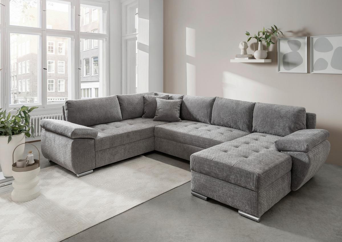 Wohnlandschaft Terana Grau mit Schlaffunktion, Mikrofaser - Chromfarben/Grau, KONVENTIONELL, Textil (219/305/157cm) - Livetastic