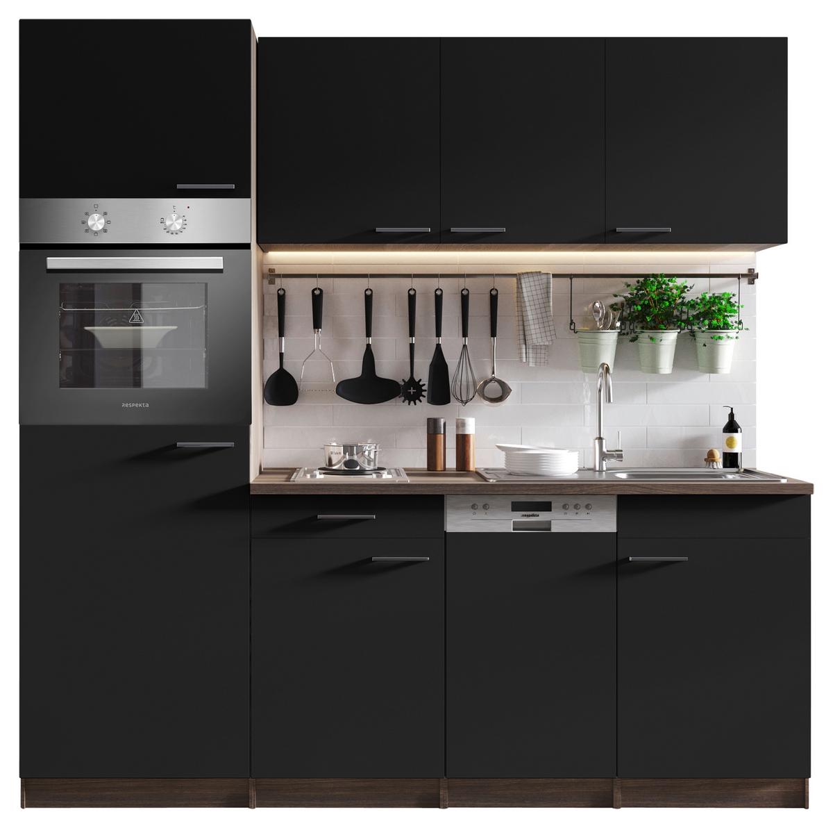 Küchenblock Oliver Singleküche 205 Cm - Eichefarben/Schwarz, Basics, Holzwerkstoff (205cm) - Respekta