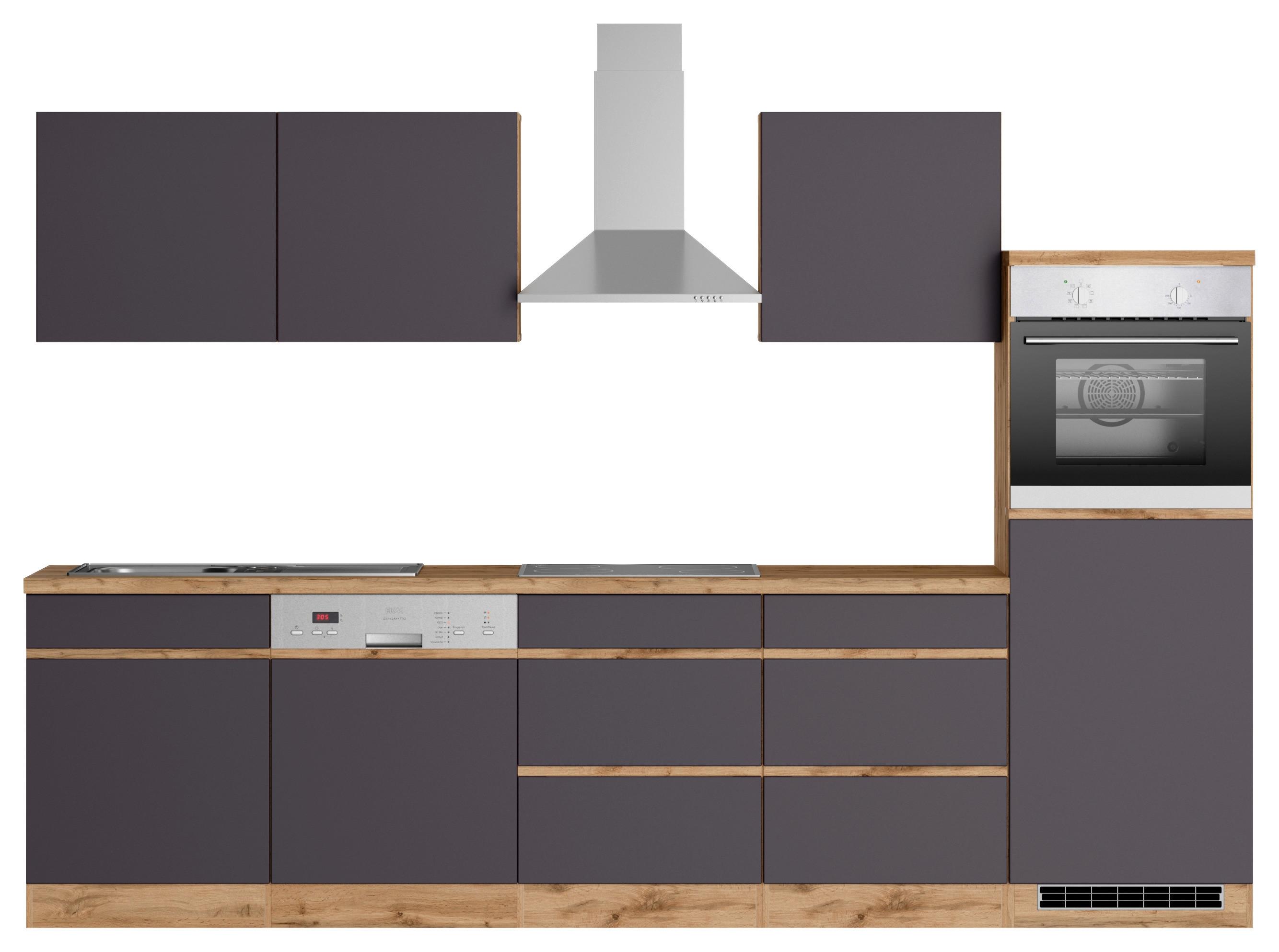Küchenzeile Turin mit Geräten B: 300cm Grau/Wotaneiche Dekor - Eiche Wotan/Grau, Design, Holzwerkstoff (300cm) - Held
