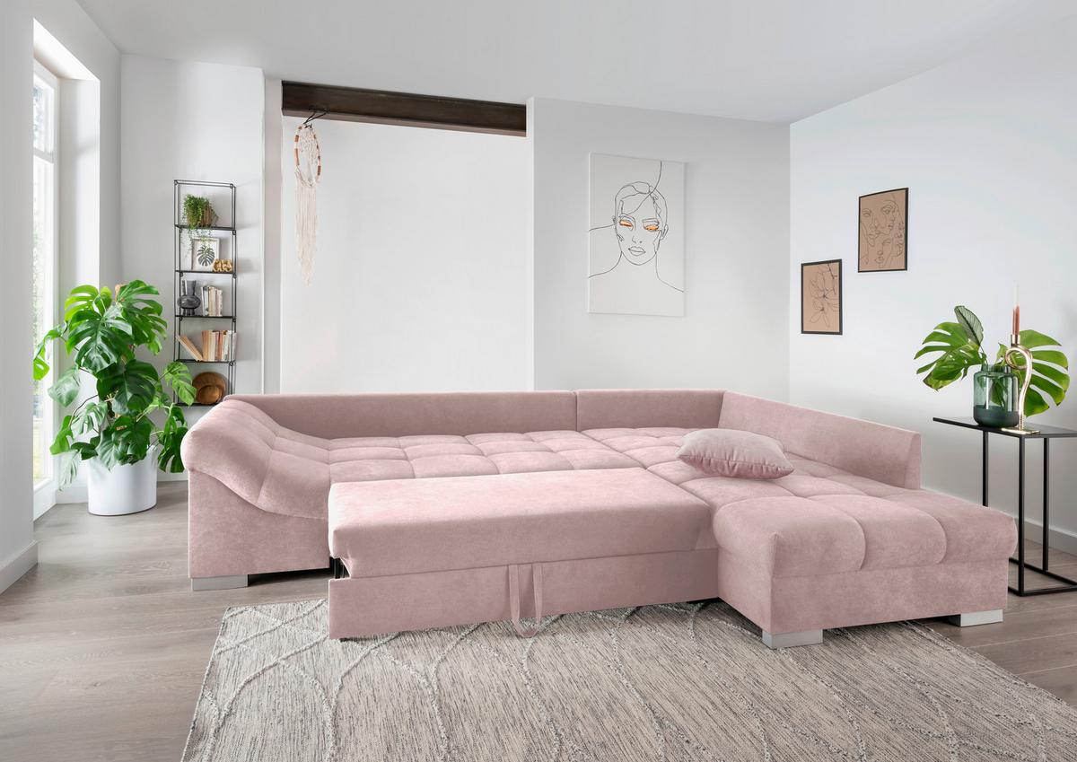 Eckschlafsofa Alvito Rosa S: 298/202 Cm - Silberfarben/Rosa, Design, Textil (298/202cm) - MID.YOU