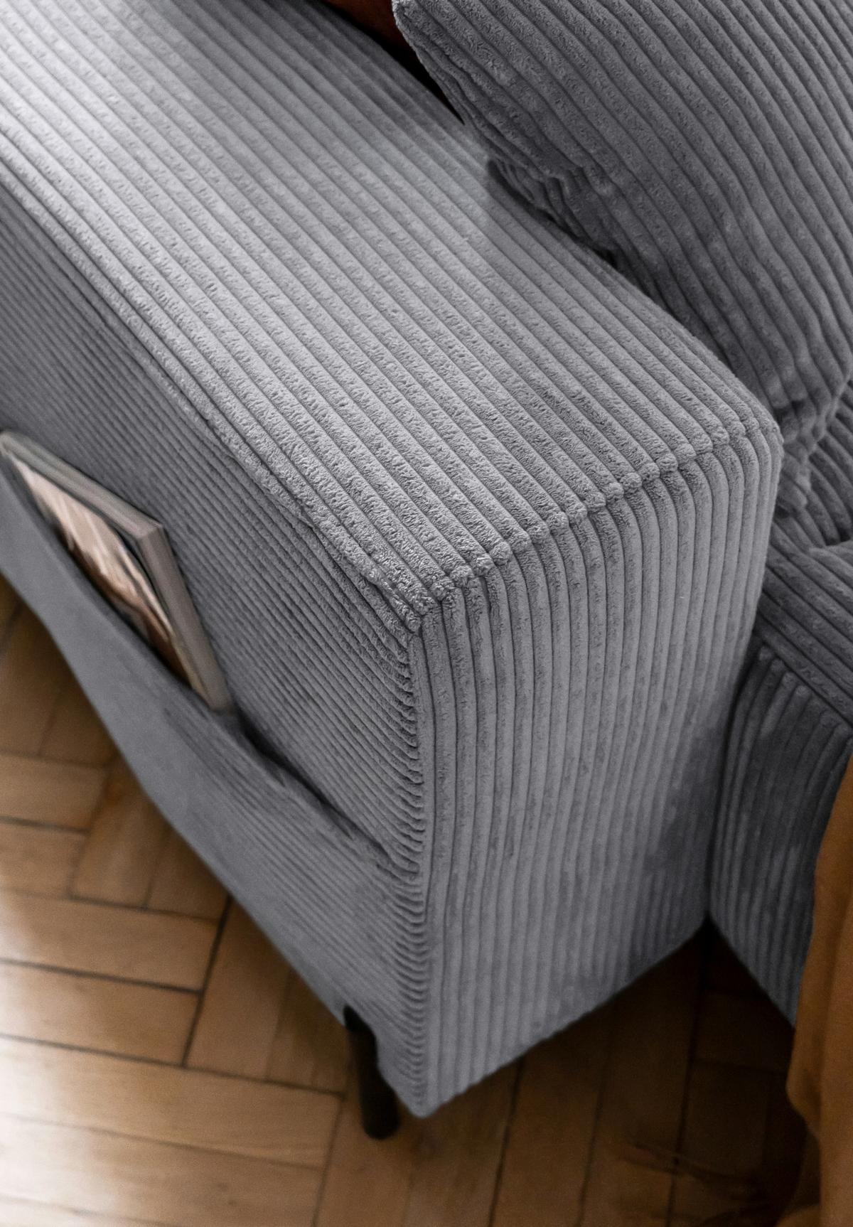 Rohová sedačka CÉLINE, pravá, světle šedý manšestr - černá/světle šedá, kov/textil (250/192cm) - MID.YOU