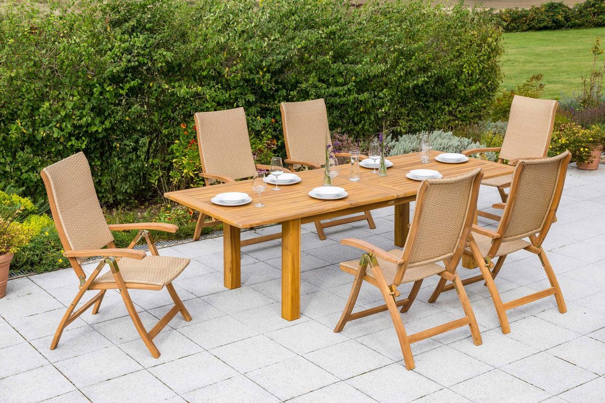 Gartentischgruppe Capri 7--Teilig. Aus Akazie - Naturfarben, KONVENTIONELL, Holz/Kunststoff - Gardenson