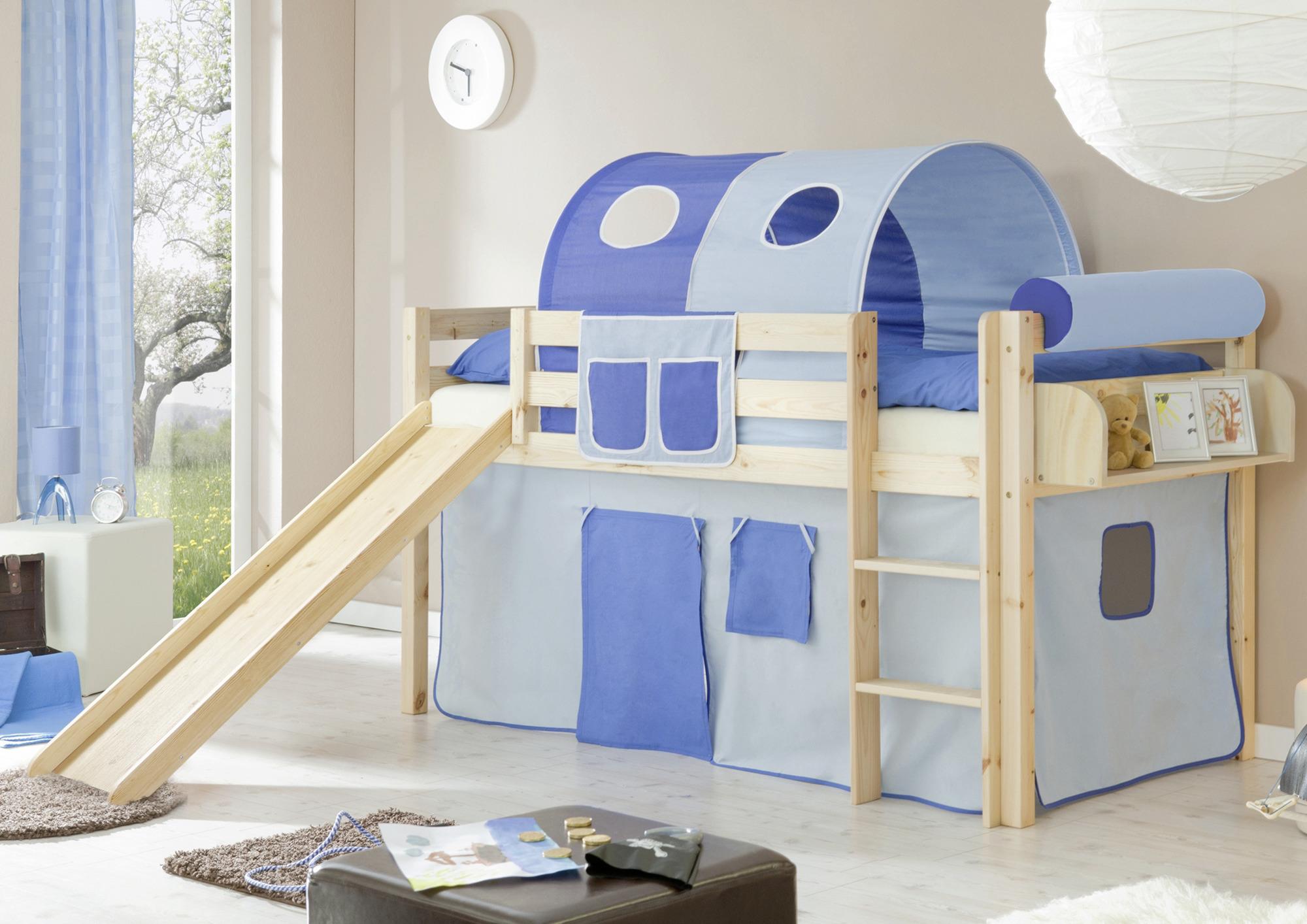 Spielbett Manuel Blau Kiefer Massiv 90 Cm Rutsche Leiter - Dunkelblau/Kieferfarben, Natur, Holz (90/200cm) - MID.YOU