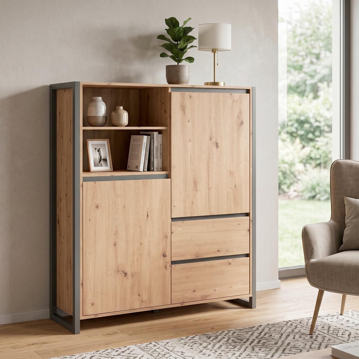 Highboard grifflos 120 cm Denver 51, Eiche/Anthrazit - Eichefarben/Anthrazit, MODERN, Holzwerkstoff (120/140/40cm) - MID.YOU