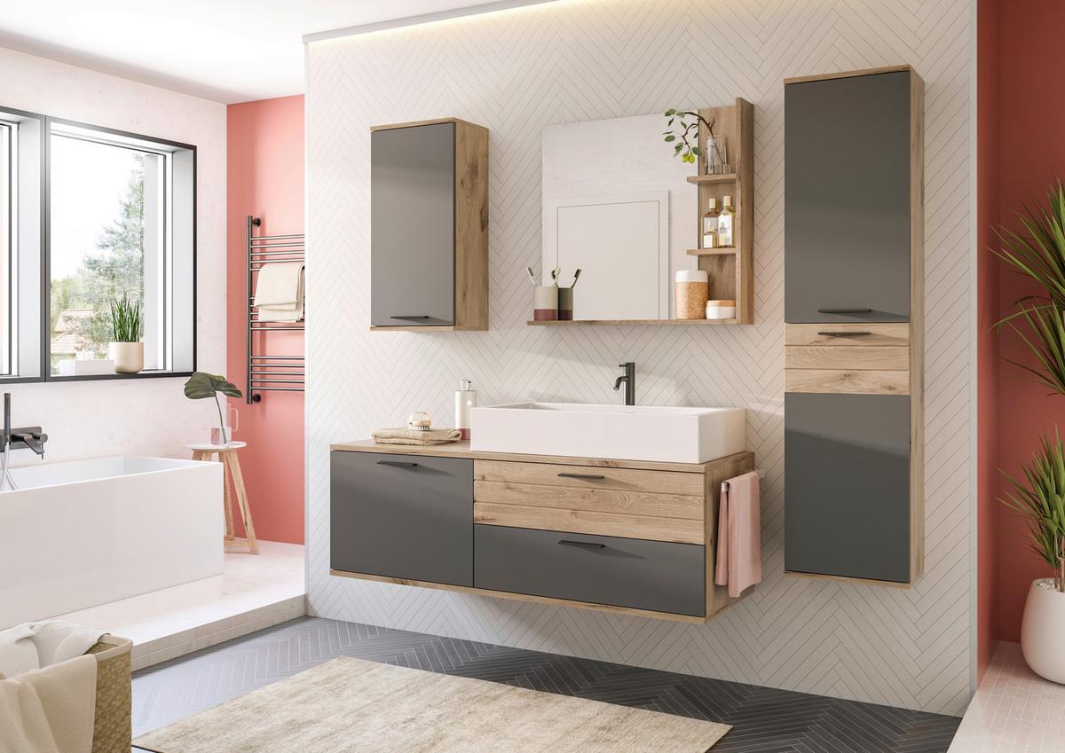 Badezimmer Mason Eiche Dekor Grau - Eichefarben/Weiß Hochglanz, MODERN, Glas/Keramik (177cm) - MID.YOU