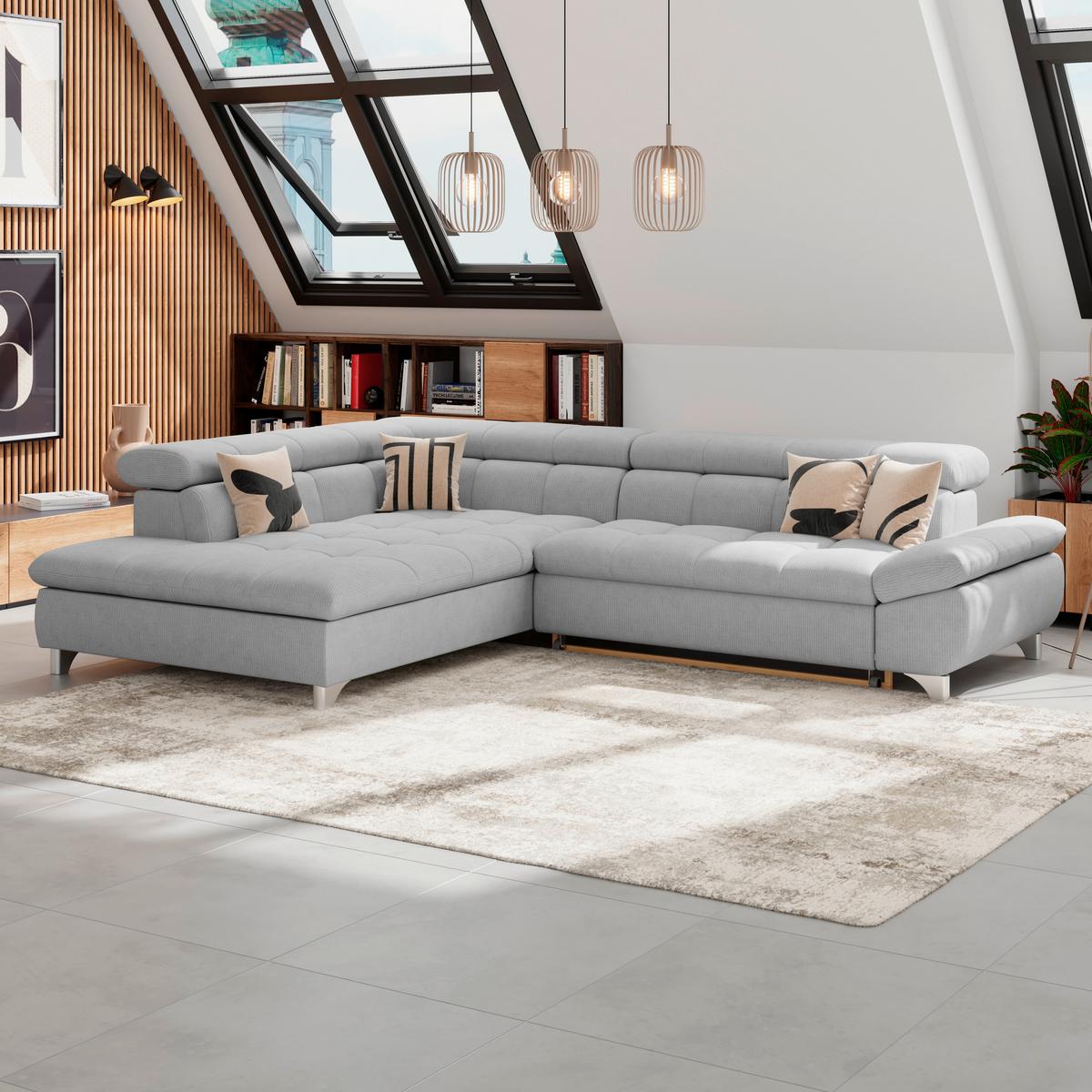 Ecksofa Mit Schlaffunktion Gemini Grau 234x312 Cm - Chromfarben/Hellgrau, KONVENTIONELL, Textil (234/312cm)