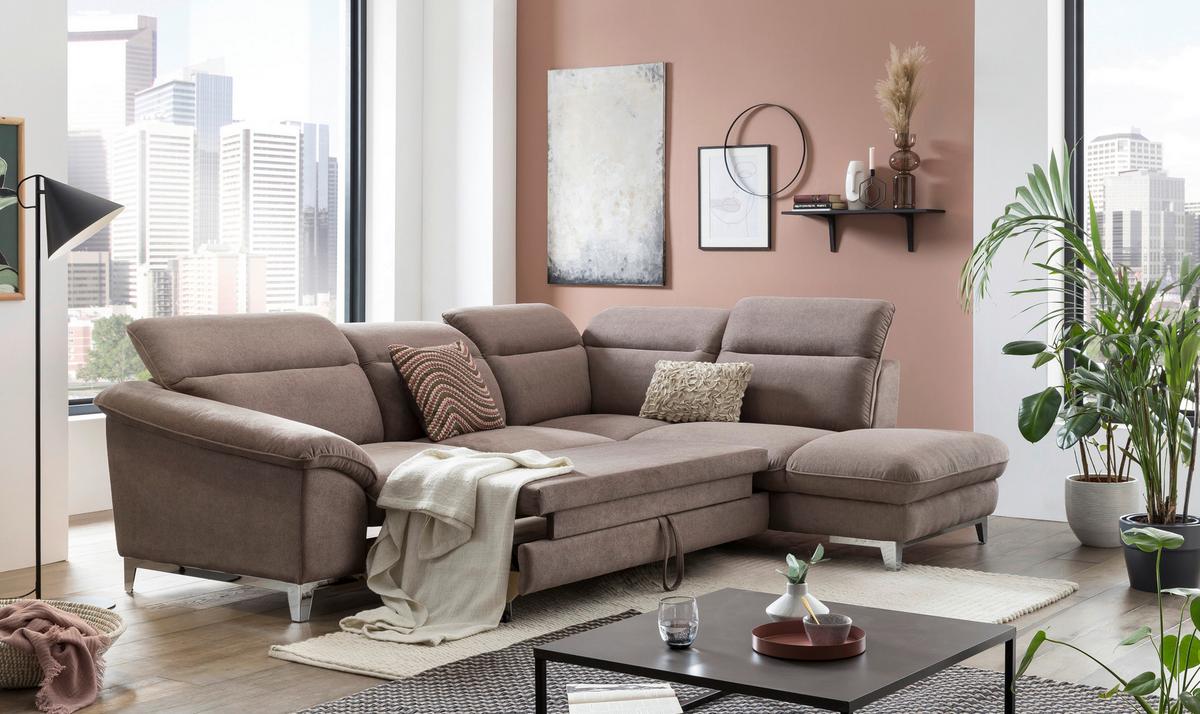 Ecksofa Mit Schlaffunktion Teresa Taupe - Taupe/Chromfarben, Design, Textil (293/232cm) - Livetastic