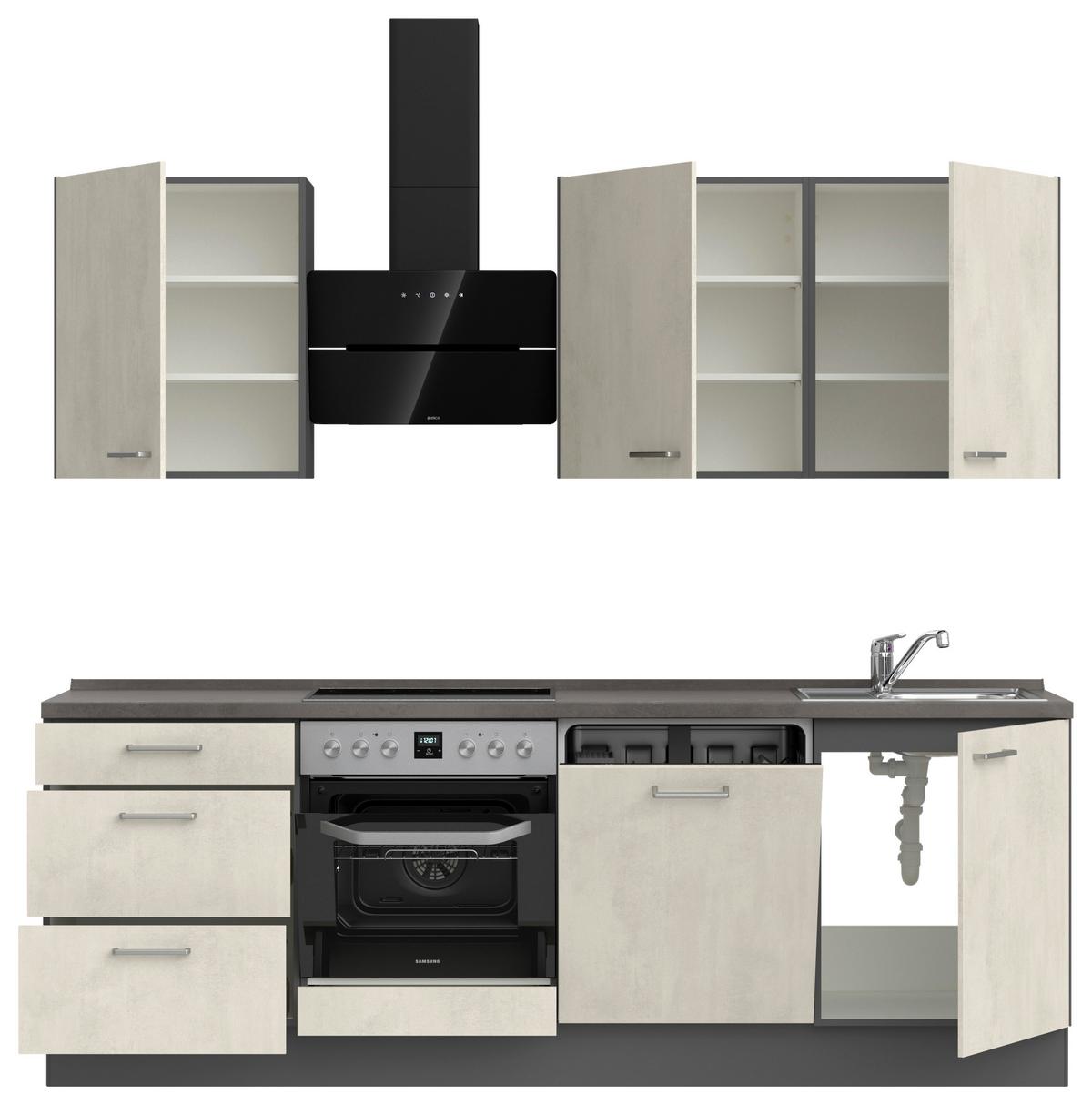 Kuchynská linka 240CM biely betón/ bridlicová šedá - biela/farba ušľachtilej ocele, Modern, kov/kompozitné drevo (240cm) - Nobilia