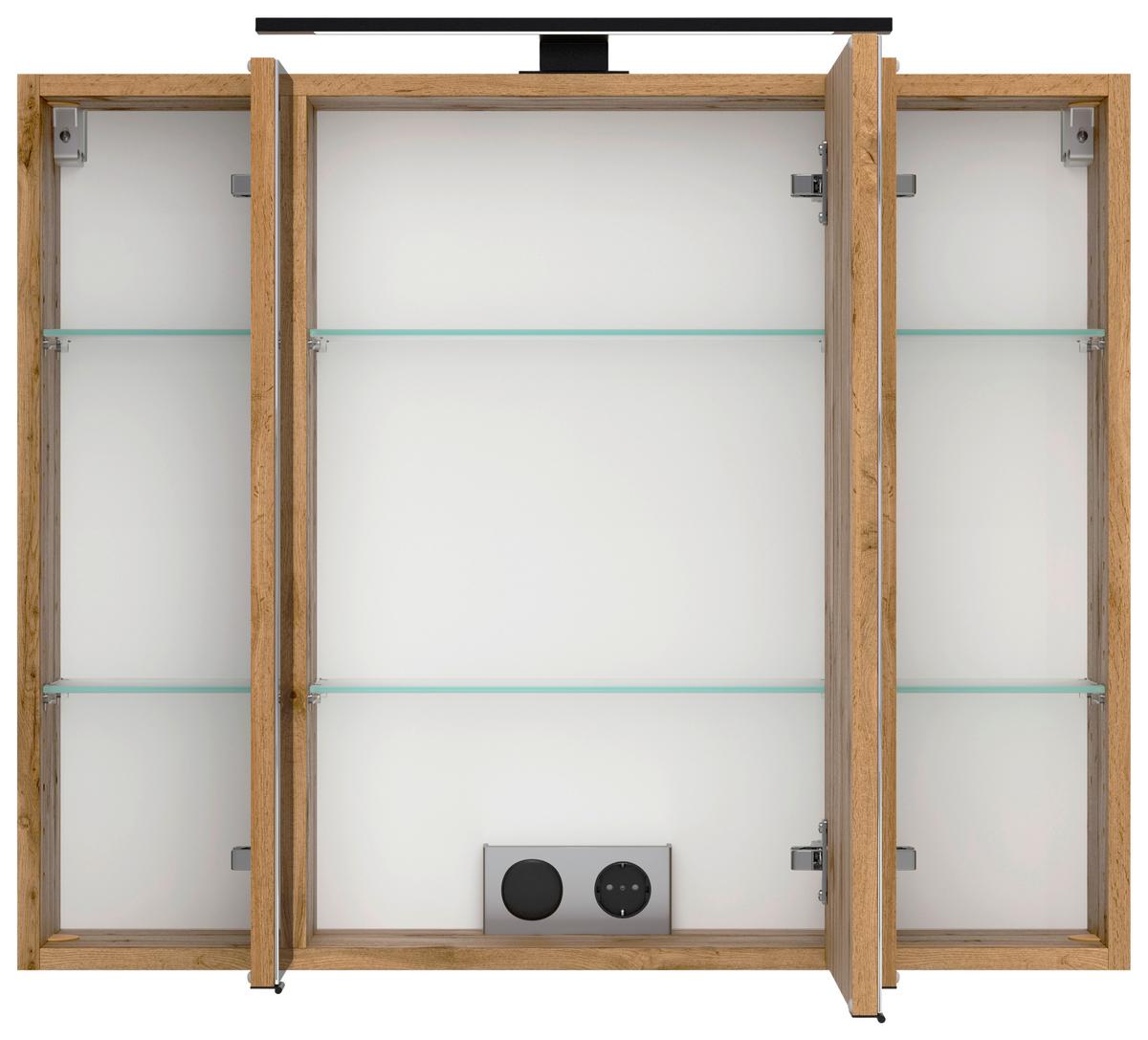 Spiegelschrank Chester mit LED Beleuchtung 3-Türig +Steckdose - Eiche Wotan, MODERN, Glas/Holzwerkstoff (80/67,5/20cm) - Held