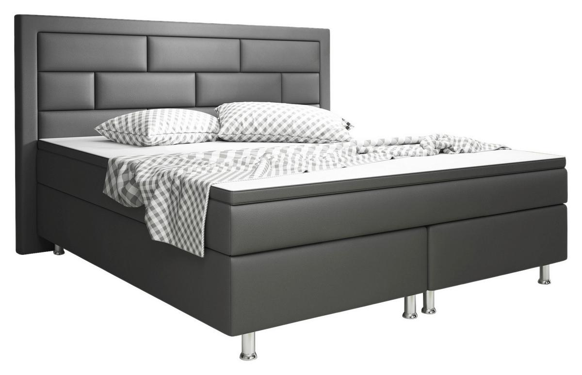 Boxspringbett Mit Topper Lederlook 180x200 Nizza - Anthrazit/Silberfarben, KONVENTIONELL, Textil (180/200cm) - MID.YOU