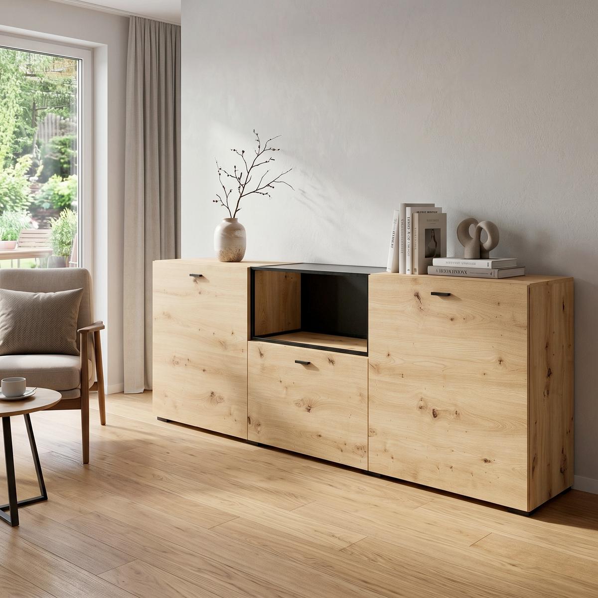 Sideboard Frame Eiche Artisan/Schwarz B: 200cm - Schwarz/Eiche Artisan, Design, Holzwerkstoff (200/75,5/37,5cm) - MID.YOU