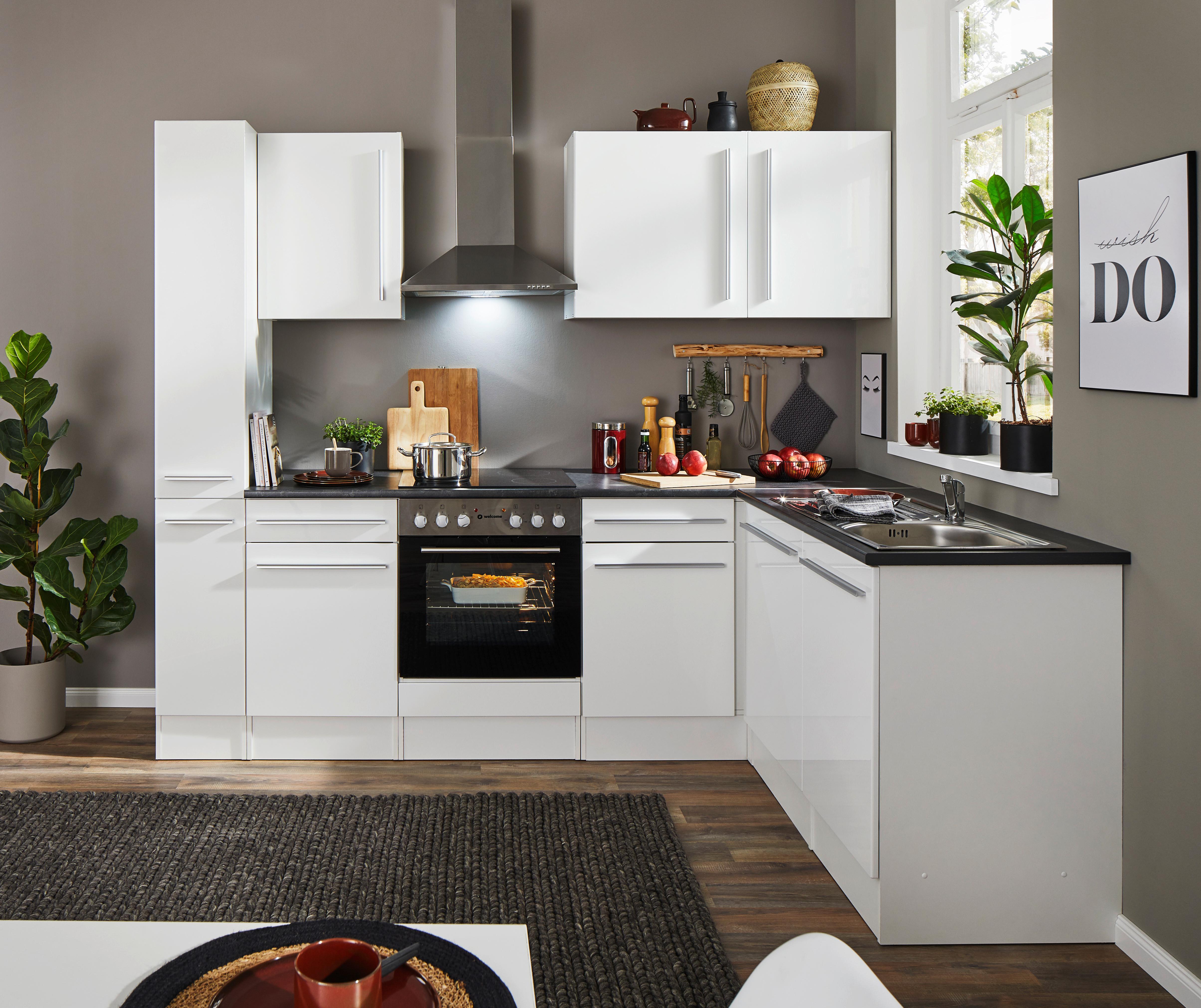 Eckküche Jazz 8 250 Weiß S: 250x175 Cm - Weiß Hochglanz/Dunkelgrau, LIFESTYLE, Holzwerkstoff (250/175cm) - MID.YOU