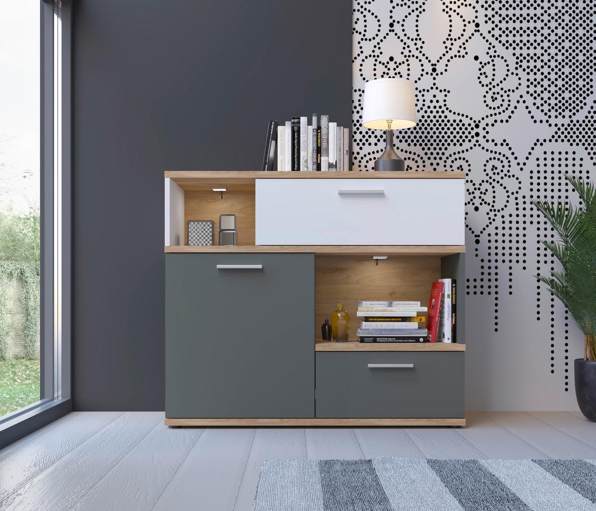 Komoda TWENTY dekor bílá/grafit/dub - bílá/barvy dubu, Moderní, kompozitní dřevo/plast (100/86/40cm) - Modern Living