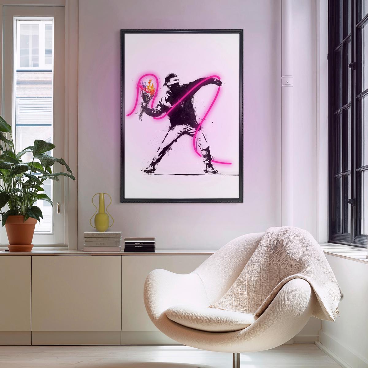 LED-Bild Neon Graffiti Thrower - Schwarz/Weiß, Basics, Holzwerkstoff/Kunststoff (70/100/3,5cm)