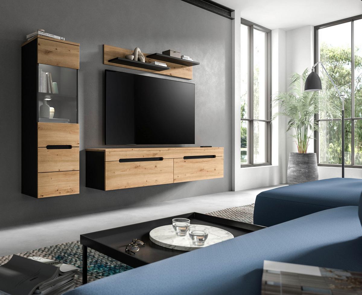 Wohnwand Canu Eiche Artisan Dekor B: 221cm - Schwarz/Eiche Artisan, Design, Holzwerkstoff (221/141/33cm) - Livetastic