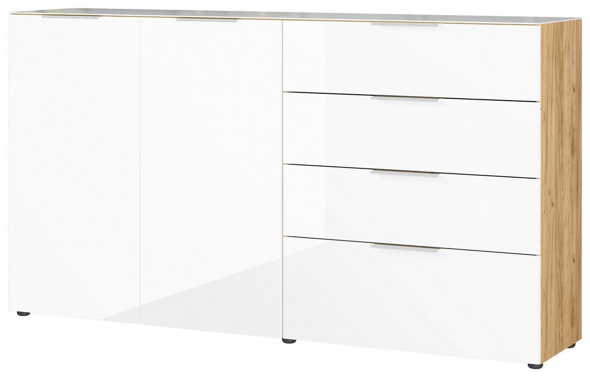 Sideboard mit Glasfronten B: 184 cm Gw-Oakland, Weiß - Eichefarben/Schwarz, KONVENTIONELL, Glas/Holzwerkstoff (184/102/42cm) - Germania
