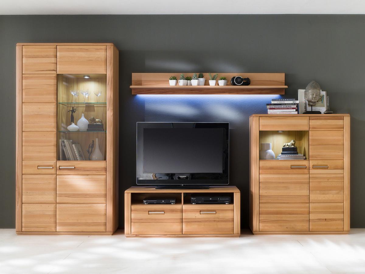 Wohnkombination teilmassiv 4--teilig. Sena Buchefarben - Buchefarben, Design, Glas/Holz (357/209/51cm) - Livetastic
