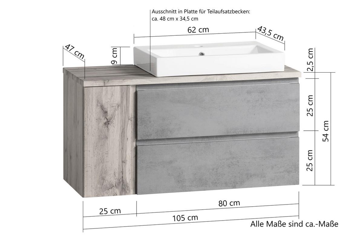 Waschbecken mit Unterschrank Varese B:105 cm Grau/Eiche - Eiche Wotan/Weiß, MODERN, Keramik/Holzwerkstoff (105cm) - Held