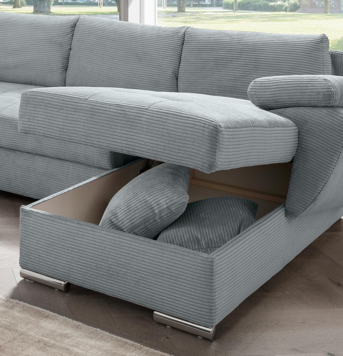 Wohnlandschaft Terana mit Schlaffunktion, Hellblau - Chromfarben/Hellblau, KONVENTIONELL, Textil (219/305/157cm) - Livetastic