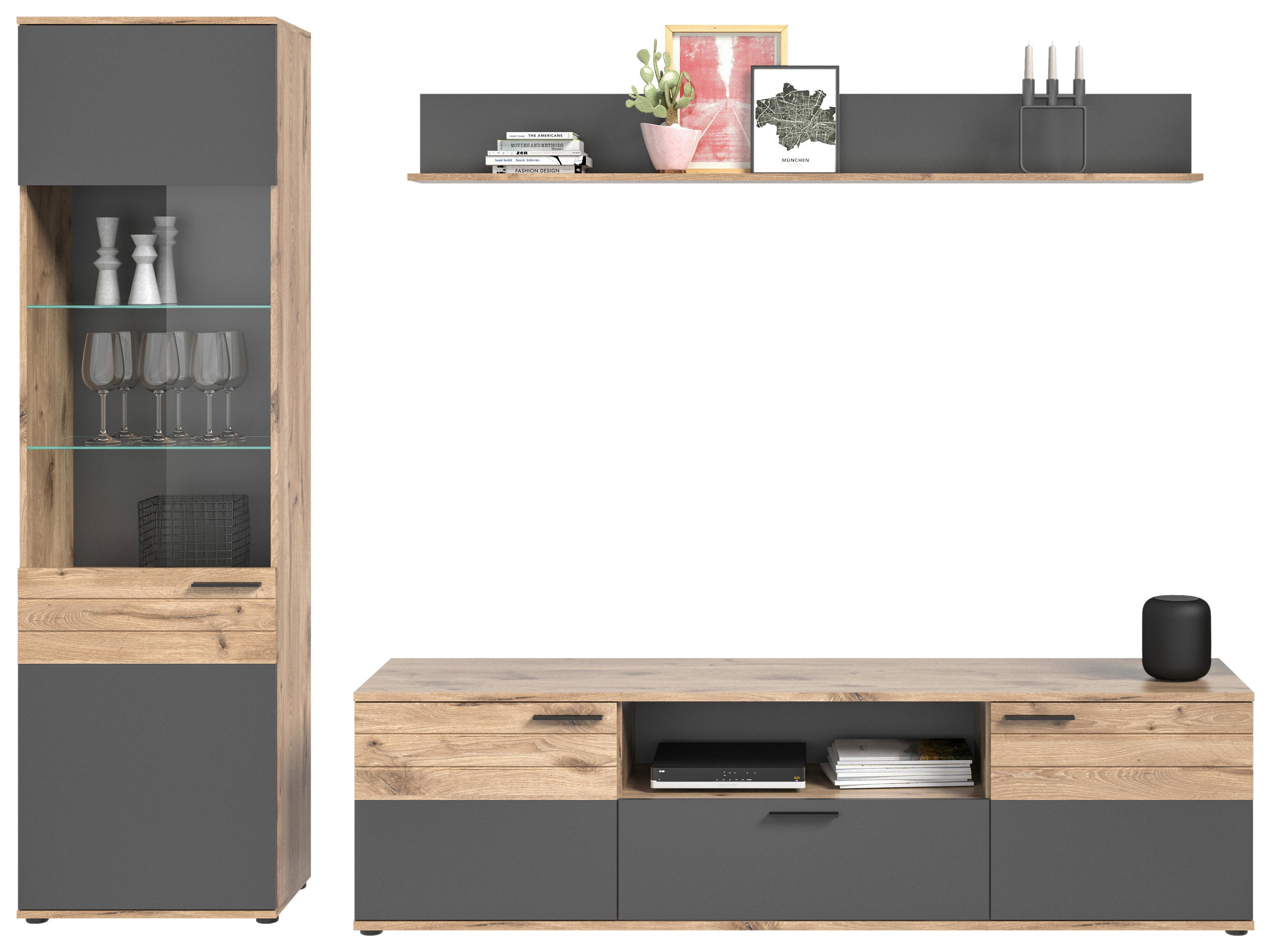 Wohnwand Mason Grau B: 266 cm - Grau, KONVENTIONELL, Glas/Holzwerkstoff (266/200/47cm) - MID.YOU