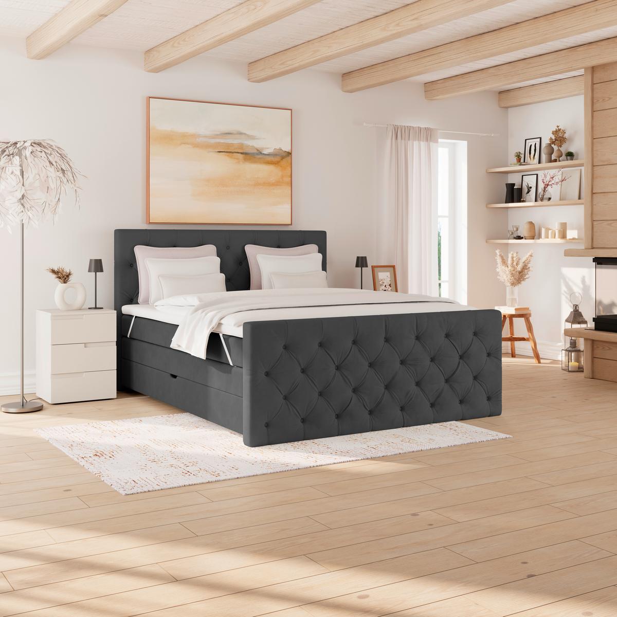 Boxspringbett Elio Graphitfarben 160x200 cm H3 - Beige/Schwarz, ROMANTIK / LANDHAUS, Textil (160/200cm) - James Wood