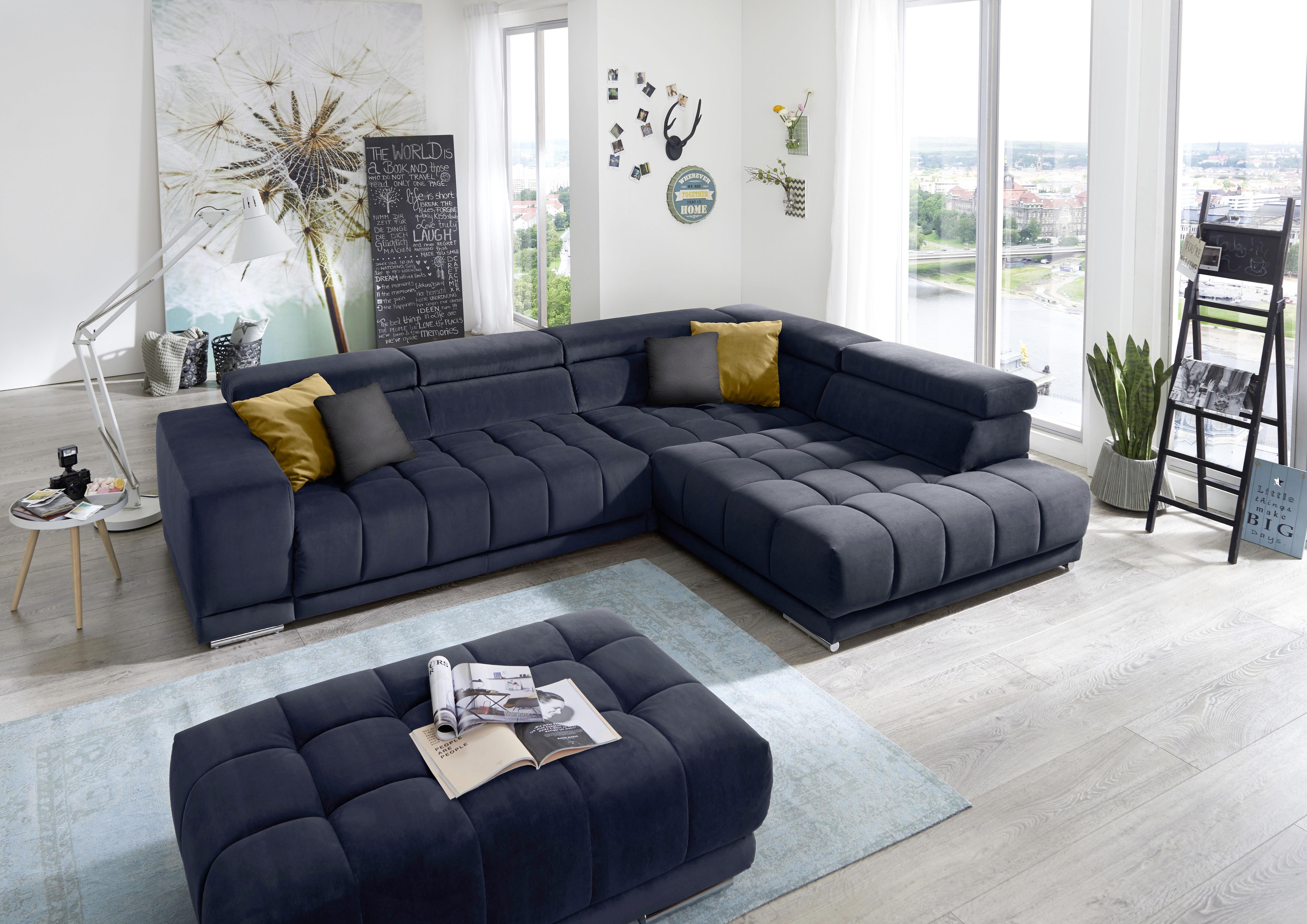 Rohová sedačka IBA, pravá, tmavomodrá, s funkciami - tmavomodrá/chrómová, Lifestyle, textil (323/222cm) - Premium Living