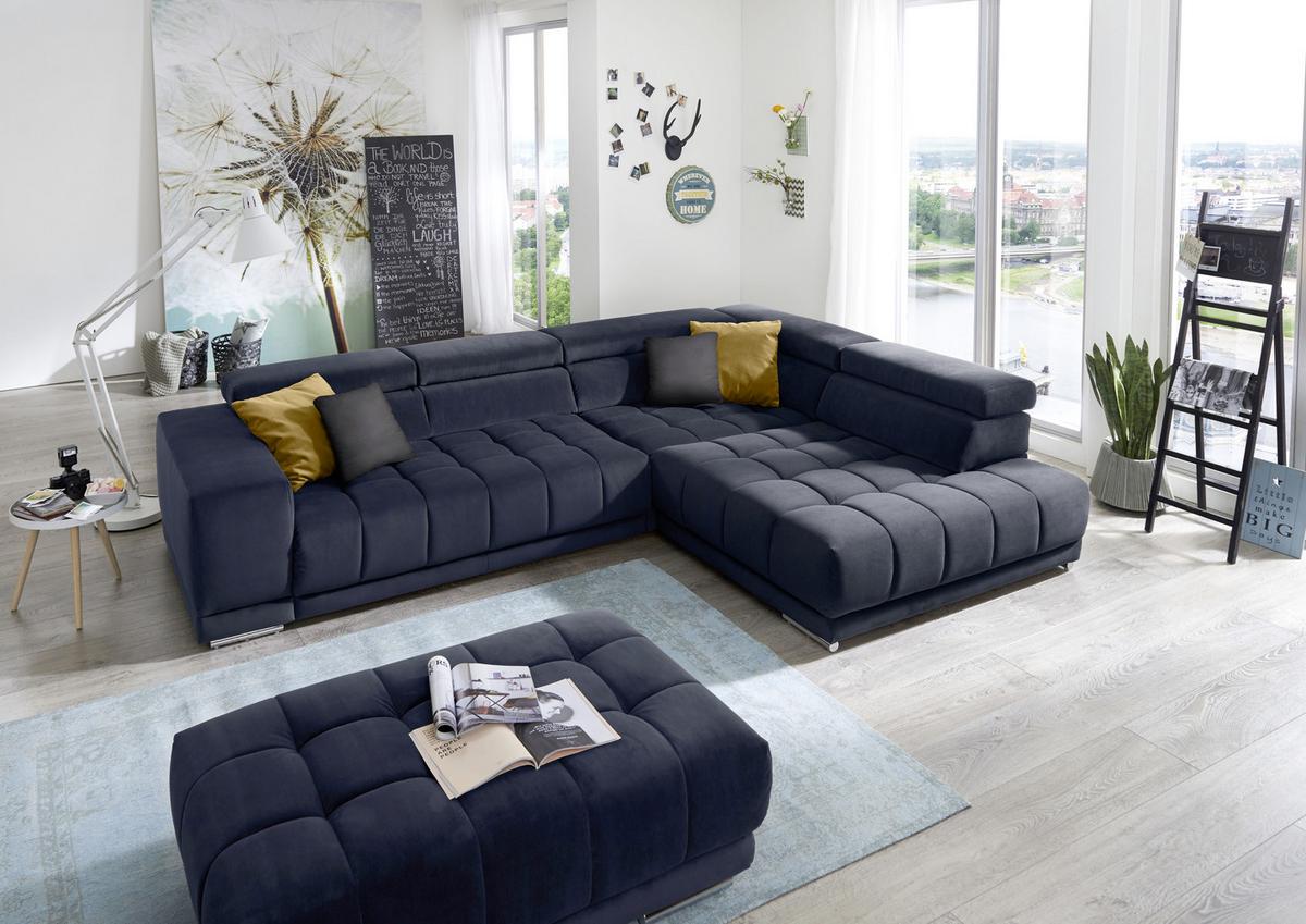 Rohová sedačka IBA, pravá, tmavě modrá, s funkcemi - barvy chromu/tmavě modrá, Lifestyle, textil (323/222cm) - Premium Living