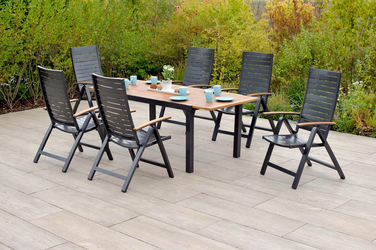 Gartentischgruppe 7-teilig. Set - Graphitfarben/Naturfarben, KONVENTIONELL, Holz/Kunststoff - Gardenson