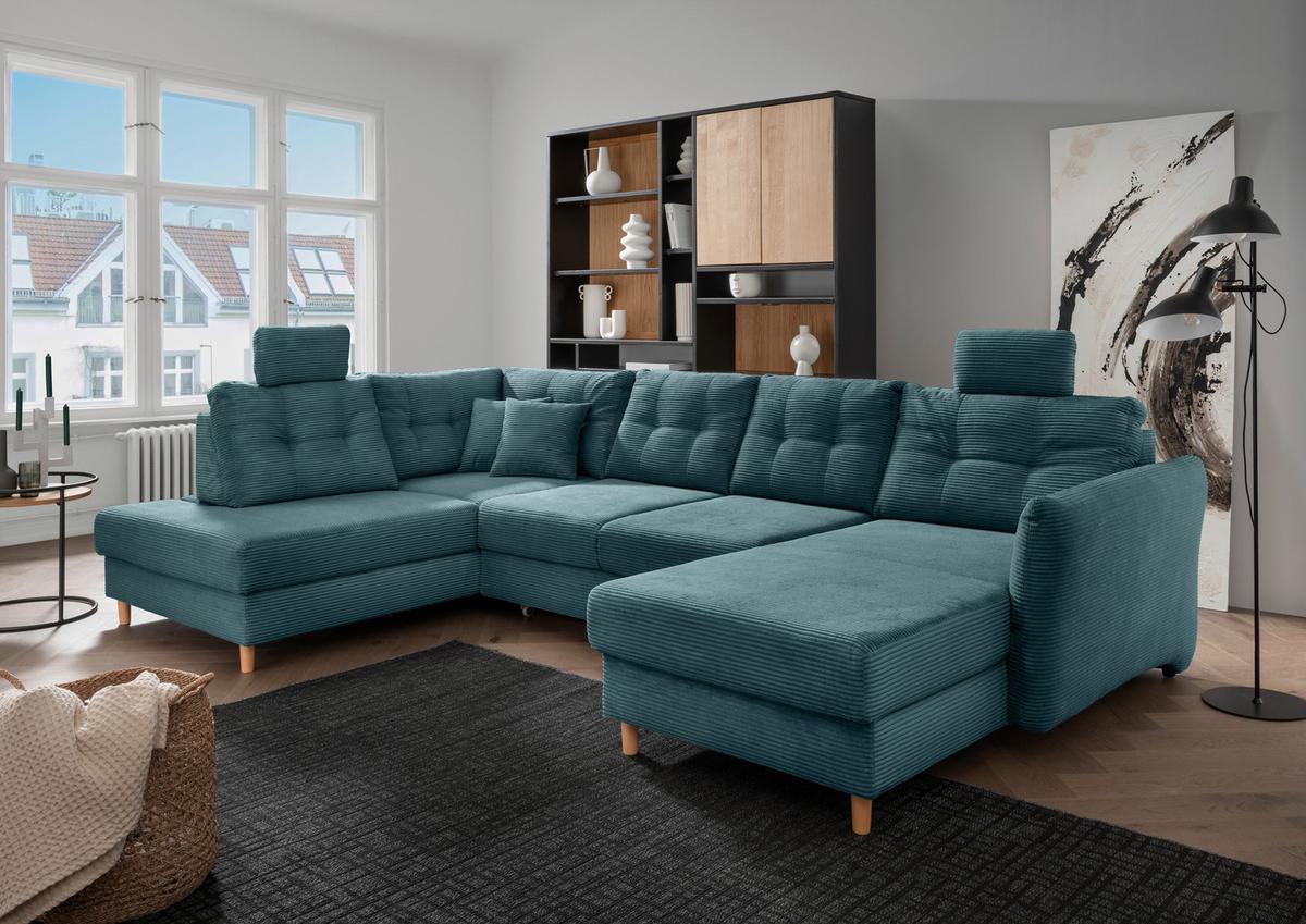 Wohnlandschaft mit Schlaffunktion, Petrol - Petrol/Naturfarben, MODERN, Textil (206/338-352/176cm) - Livetastic