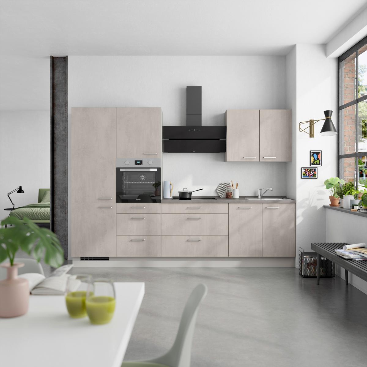 Kuchynská linka 300 cm, šedý betón/ kamenná šedá - sivá/farba ušľachtilej ocele, Modern, kov/kompozitné drevo (300cm) - Nobilia