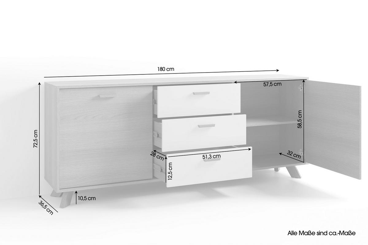 Sideboard Bastian Eiche Bianco/Weiß B: 180 cm - Eiche Bianco/Eichefarben, Design, Holz/Holzwerkstoff (180/72,5/36,5cm) - MID.YOU