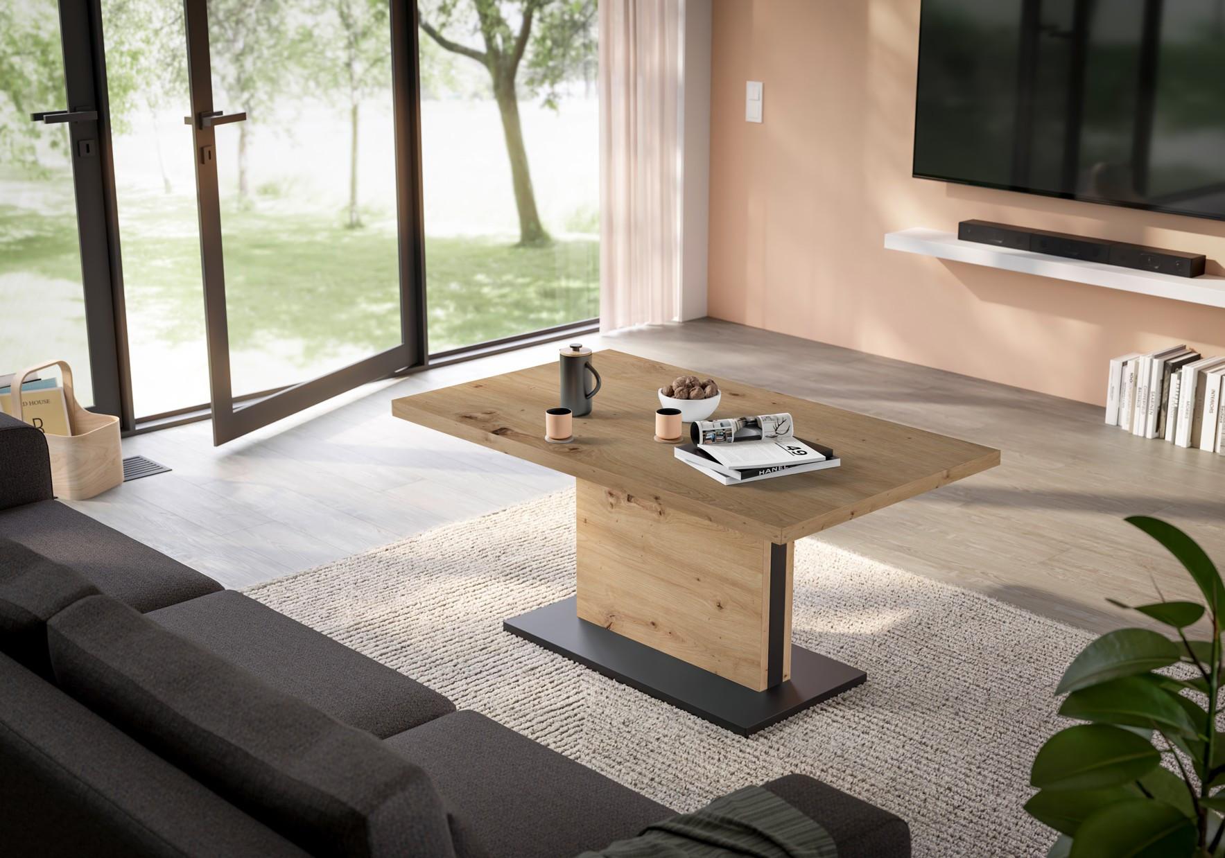 Couchtisch Lift Eiche Artisan/schwarz - Schwarz/Eiche Artisan, Design, Holzwerkstoff/Metall (120/55-69/70cm) - MID.YOU