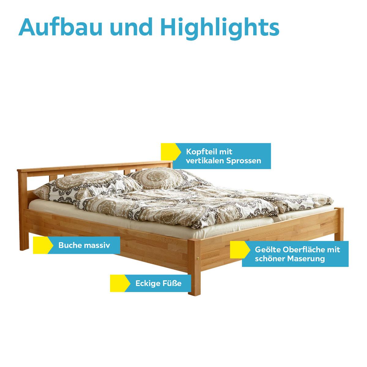 Doppelbett Echtholz Massiv 140x200 Merci, Buche - Buchefarben, KONVENTIONELL, Holz (140/200cm) - MID.YOU