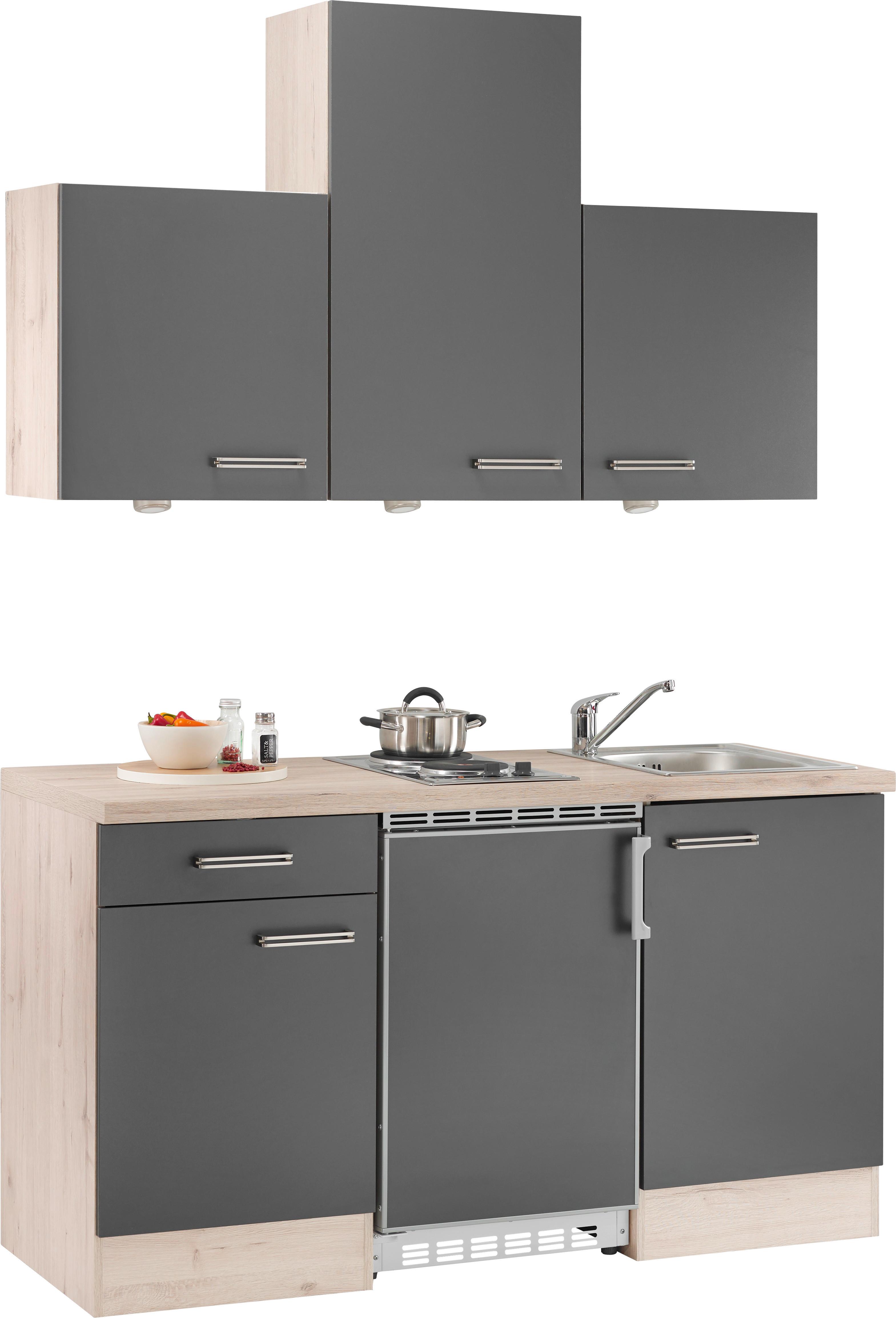 Minikuchyňa MILANO vrátane spotrebičov a drezu - farba duba/antracitová, Modern, kompozitné drevo (150cm) - FlexWell