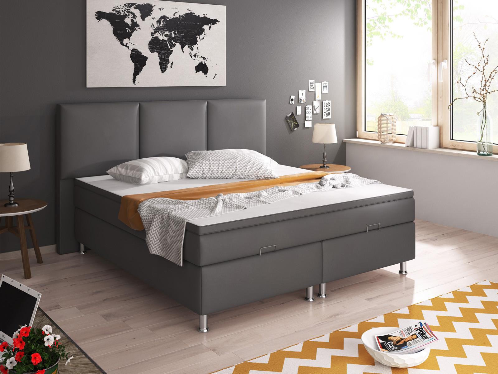 Boxspringbett Mit Topper & Bettkasten 180x200 Oslo - Anthrazit/Silberfarben, KONVENTIONELL, Leder/Textil (180/200cm) - MID.YOU
