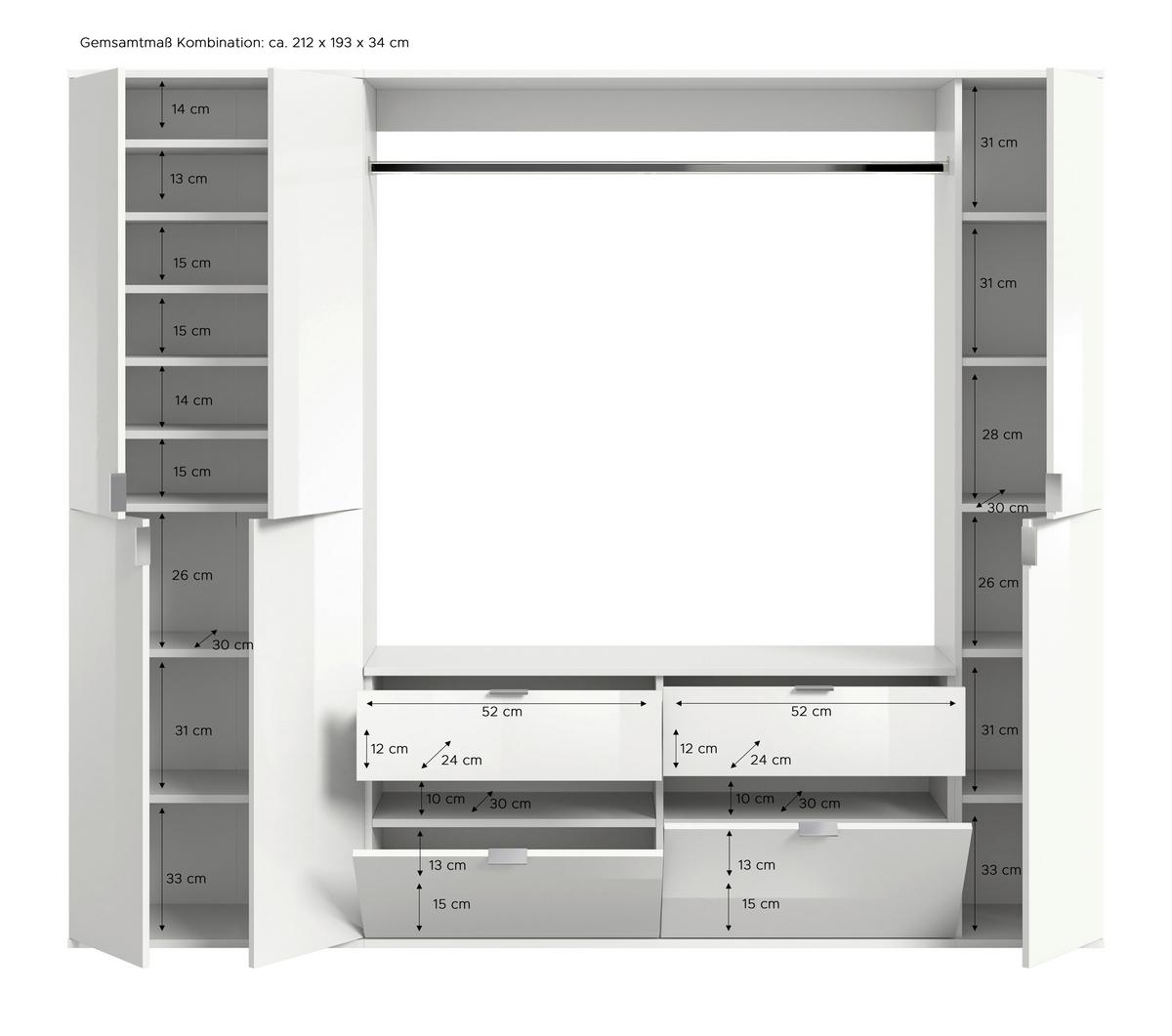 Garderobe Projekt X 3-teilig Weiß B: 212 Cm - Weiß Hochglanz, MODERN, Holzwerkstoff (212/193/34cm) - MID.YOU