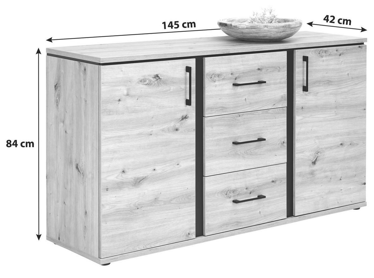 ŠIROKÁ KOMODA NATURE - barvy dubu/černá, Konvenční, kov/kompozitní dřevo (145/84/42cm)