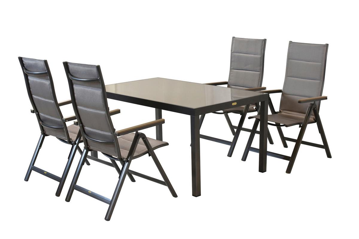 Gartentischgruppe 5tlg. Set - Graphitfarben/Grau, KONVENTIONELL, Glas/Kunststoff - Gardenson