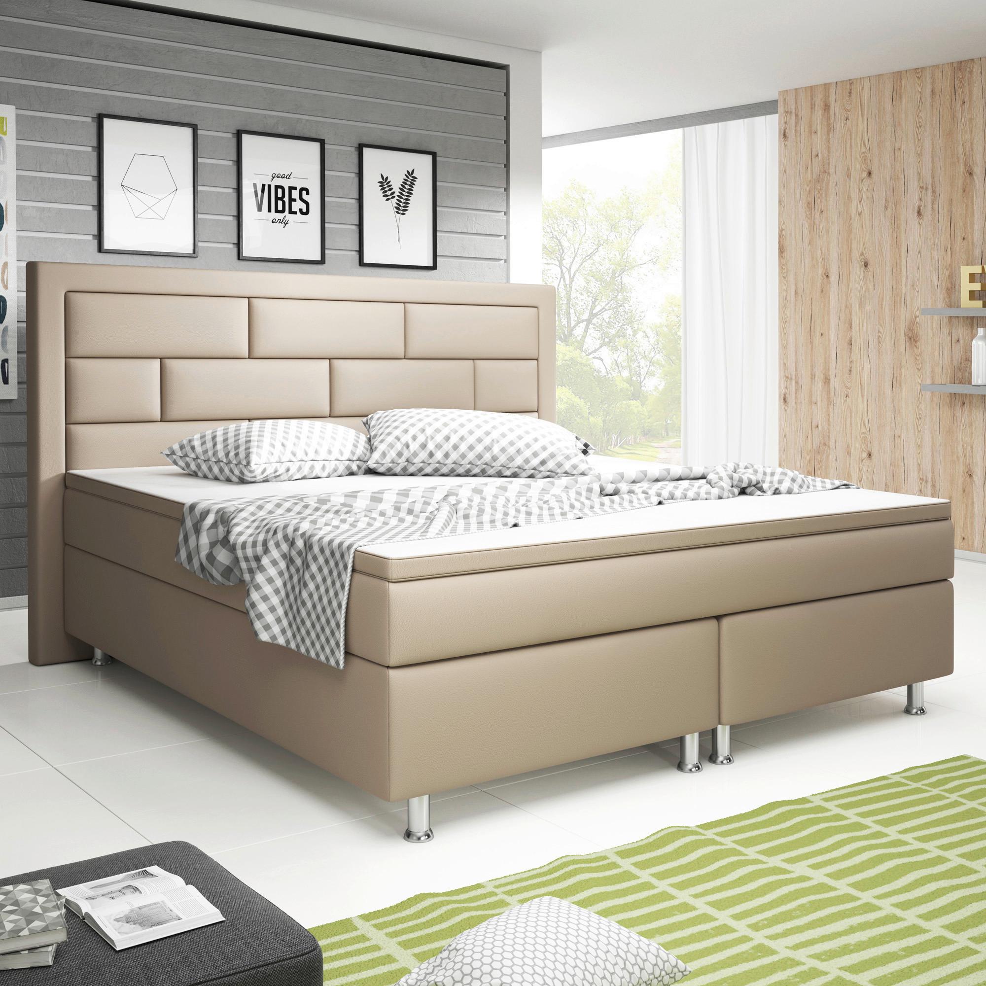 Boxspringbett Mit Topper Lederlook 180x200 Nizza - Silberfarben/Cappuccino, KONVENTIONELL, Leder/Textil (180/200cm) - MID.YOU