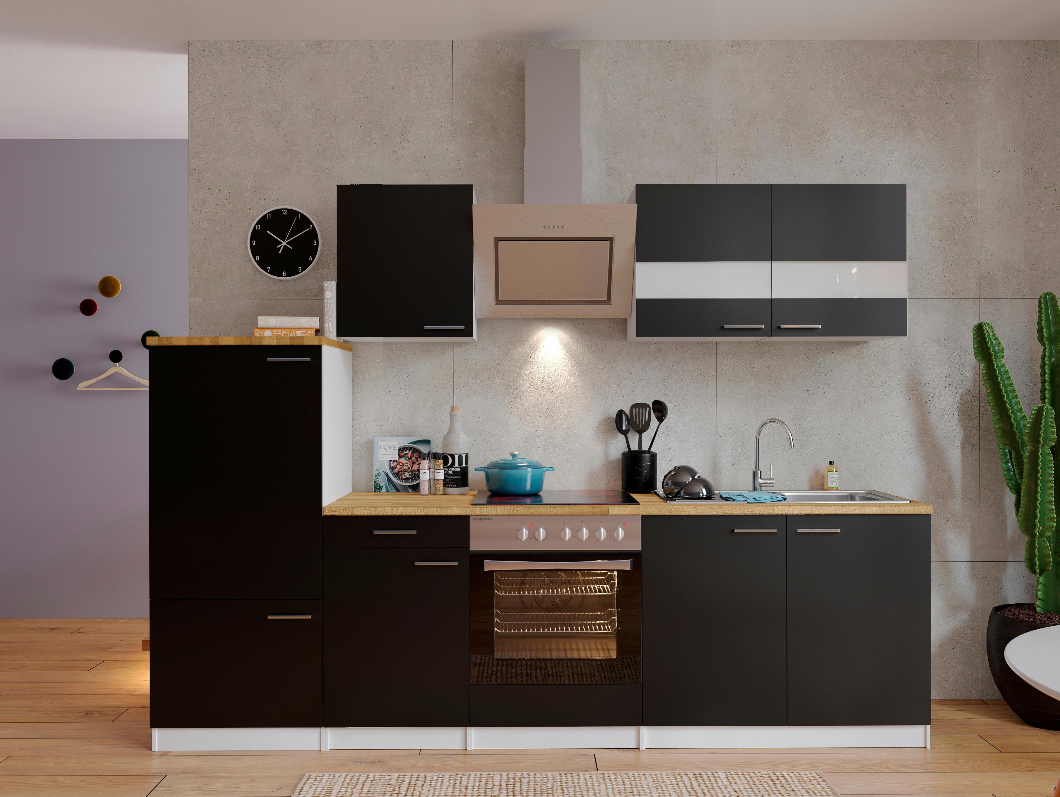 Küchenzeile Economy mit Geräten 270 cm Schwarz/Nussbaum Dekor - Nussbaumfarben/Schwarz, Basics, Holzwerkstoff (270cm) - Respekta
