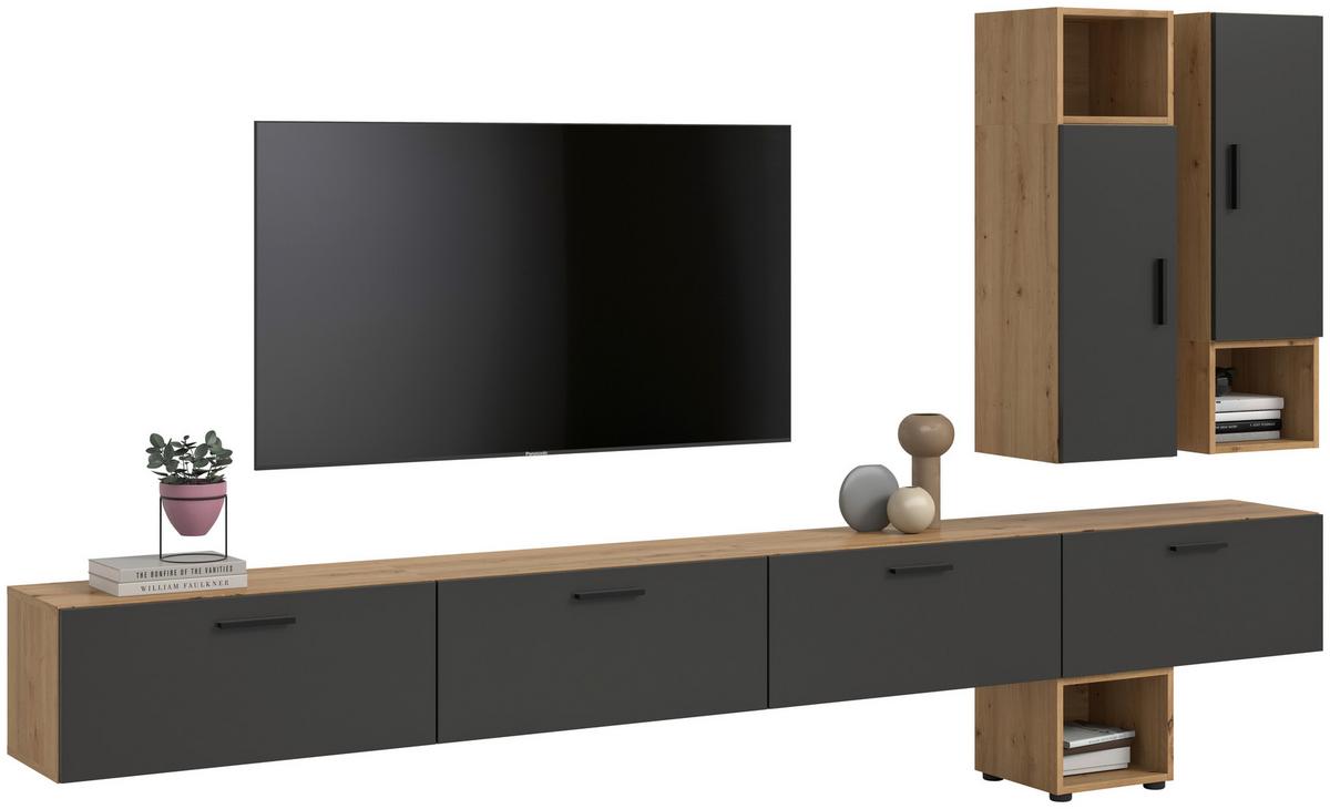 Wohnwand, The One 7, B: 300 cm Grau/Artisan Eiche Dekor - Schwarz/Eiche Artisan, Trend, Holzwerkstoff (300/178/34cm)