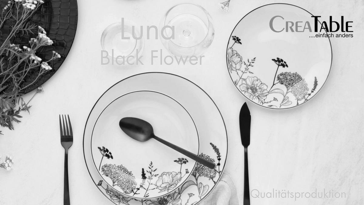 Tafelservice Luna Black Flower 18--Teilig., Schwarz, Grauweiß - Grauweiß/Schwarz, Basics, Keramik - Creatable